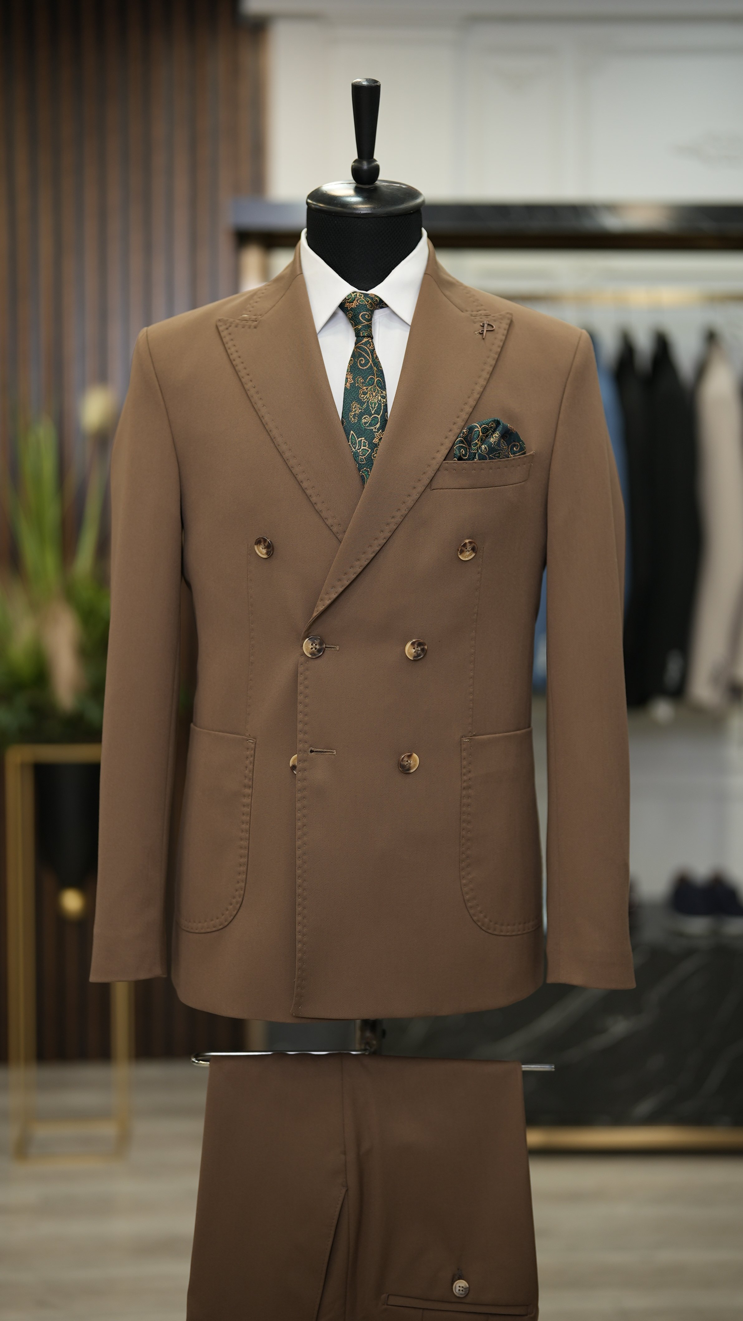 Abito doppiopetto da uomo stile italiano slim fit tuta tasca giacca pantaloni - marrone latte