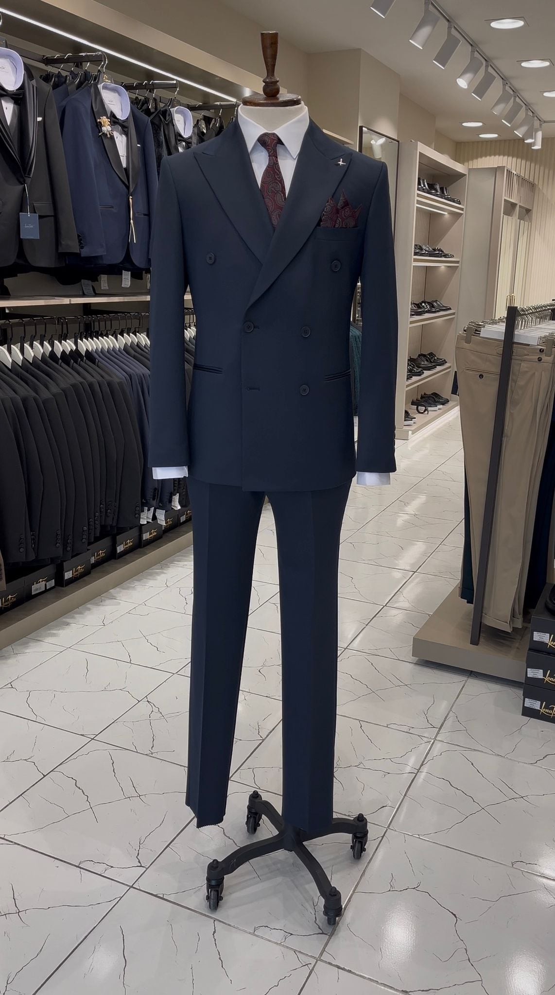 Erkek Kruvaze Takım Elbise İtalyan Stil Slim Fit Ceket Pantolon - Lacivert
