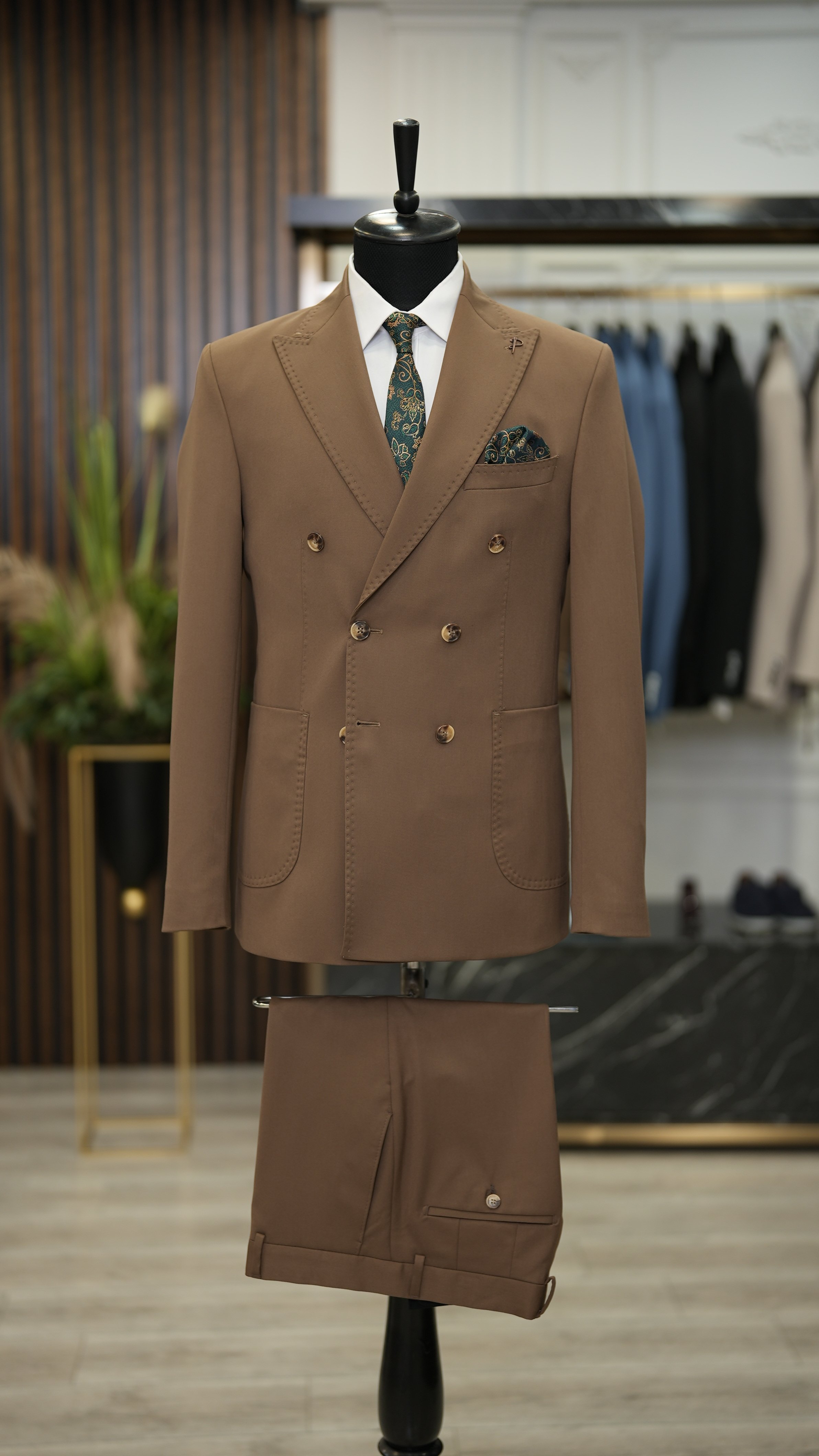 Abito doppiopetto da uomo stile italiano slim fit tuta tasca giacca pantaloni - marrone latte