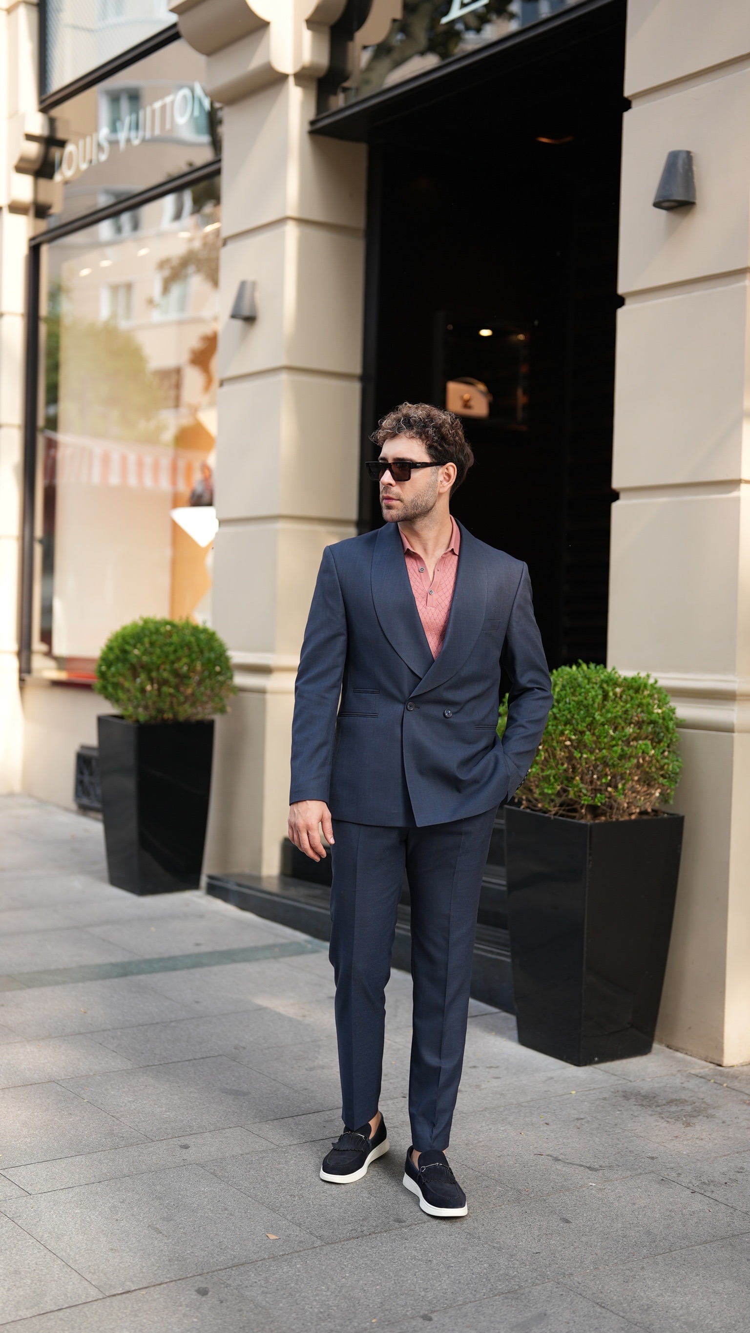 Erkek Kruvaze Takım Elbise Şal Yaka İtalyan Stil Slim Fit Ceket Pantolon-Lacivert