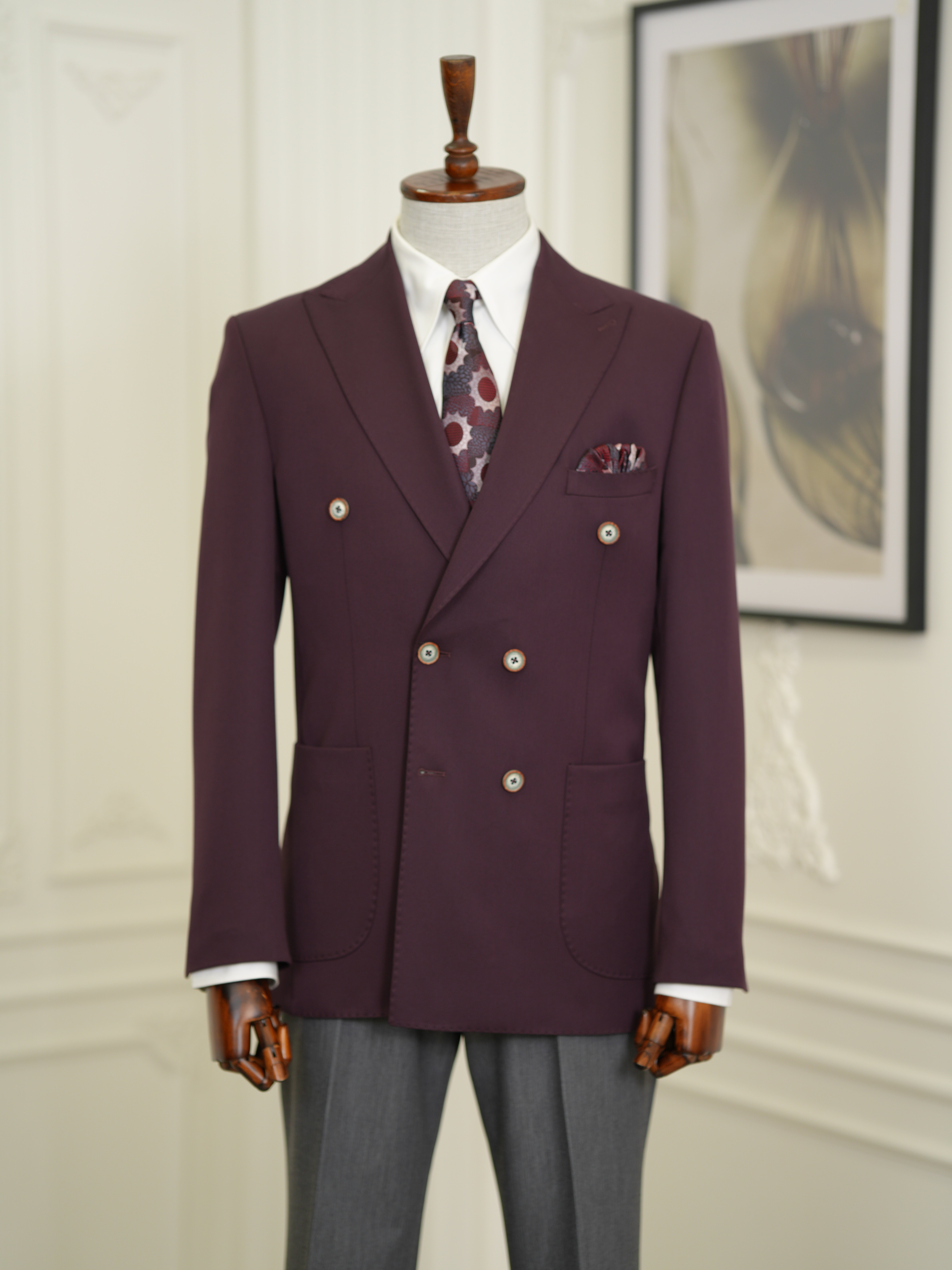 Erkek Premium İtalyan Stil Slim Fit Erkek Punto Dikişli Torba Cepli Yarım Astarlı Kruvaze Ceket-Mor