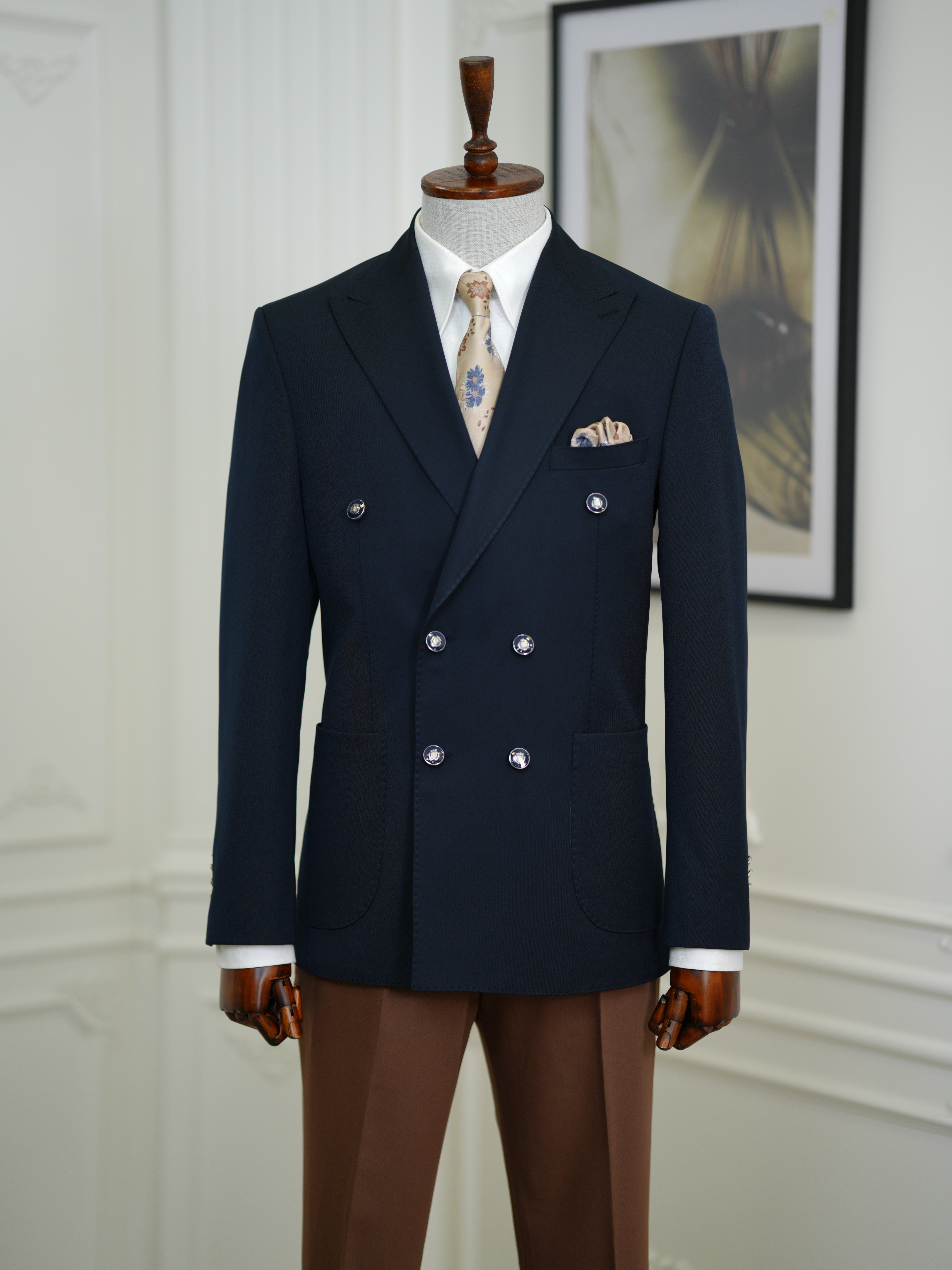 Erkek Premium İtalyan Stil Slim Fit Erkek Punto Dikişli Torba Cepli Yarım Astarlı Kruvaze Ceket - Koyu Lacivert