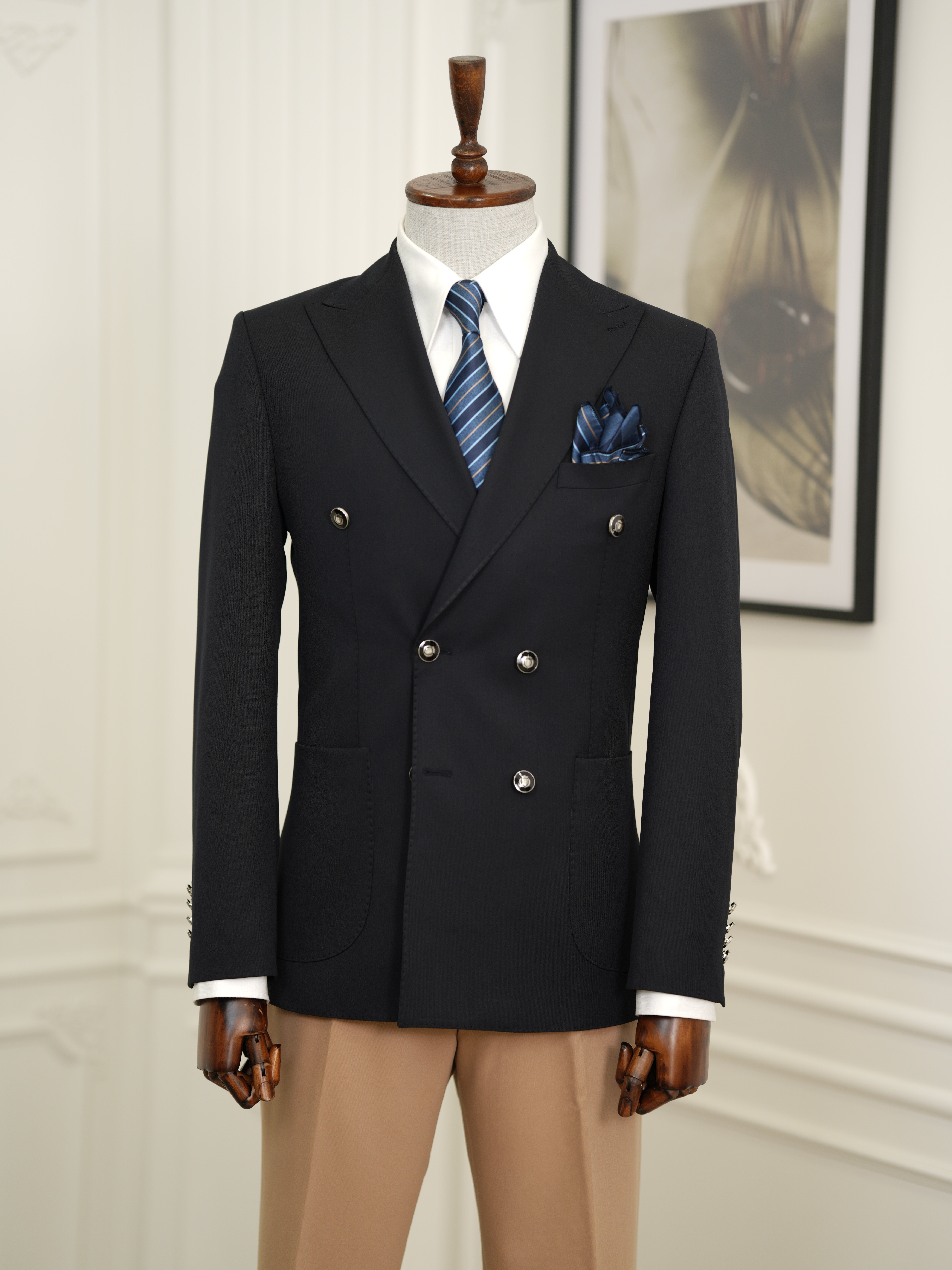 Erkek Premium İtalyan Stil Slim Fit Erkek Punto Dikişli Torba Cepli Yarım Astarlı Kruvaze Ceket-Laci