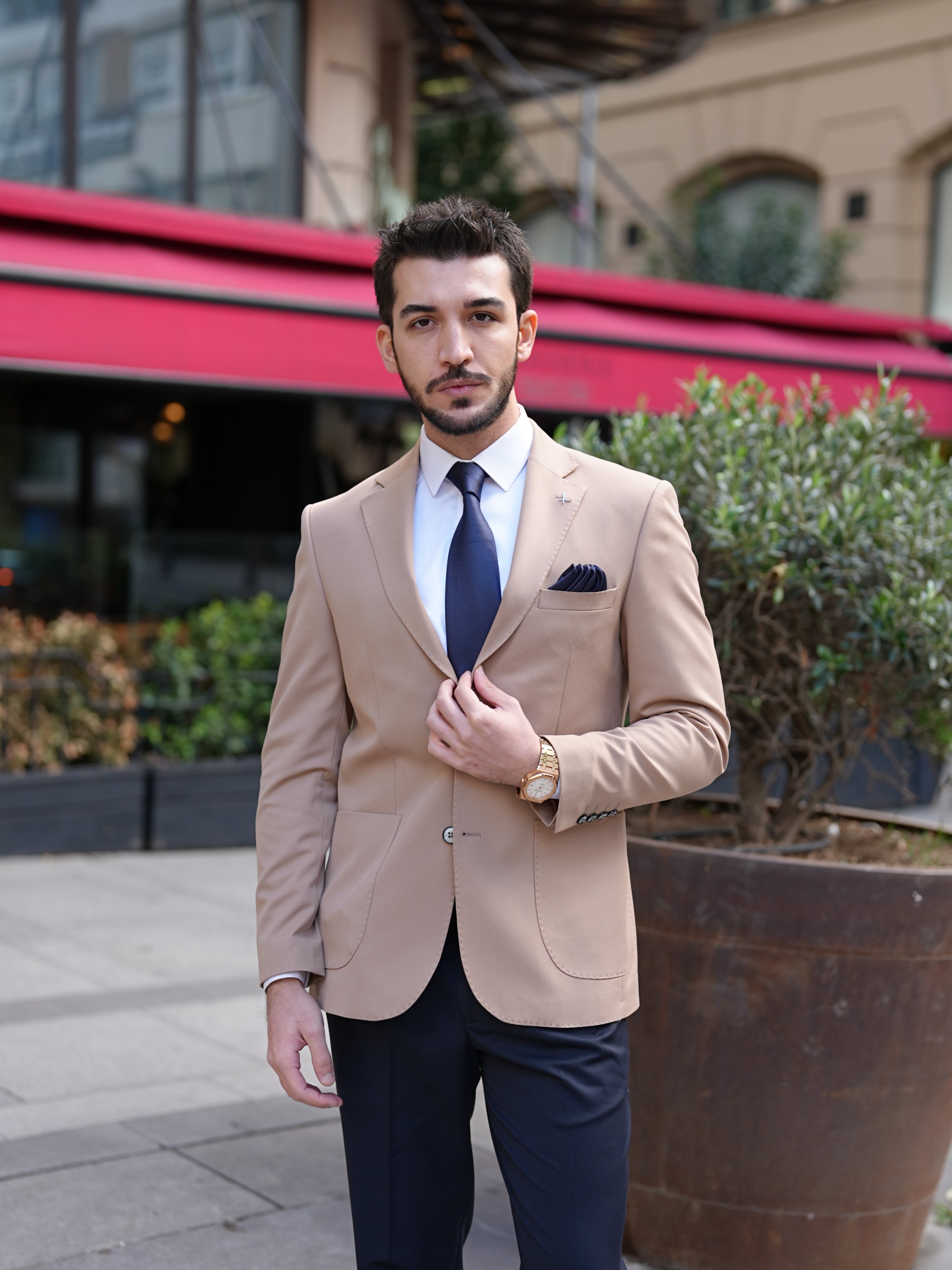 Erkek Premium İtalyan Stil Slim Fit Erkek Punto Dikişli Torba Cepli Yarım Astarlı Ceket-Taba