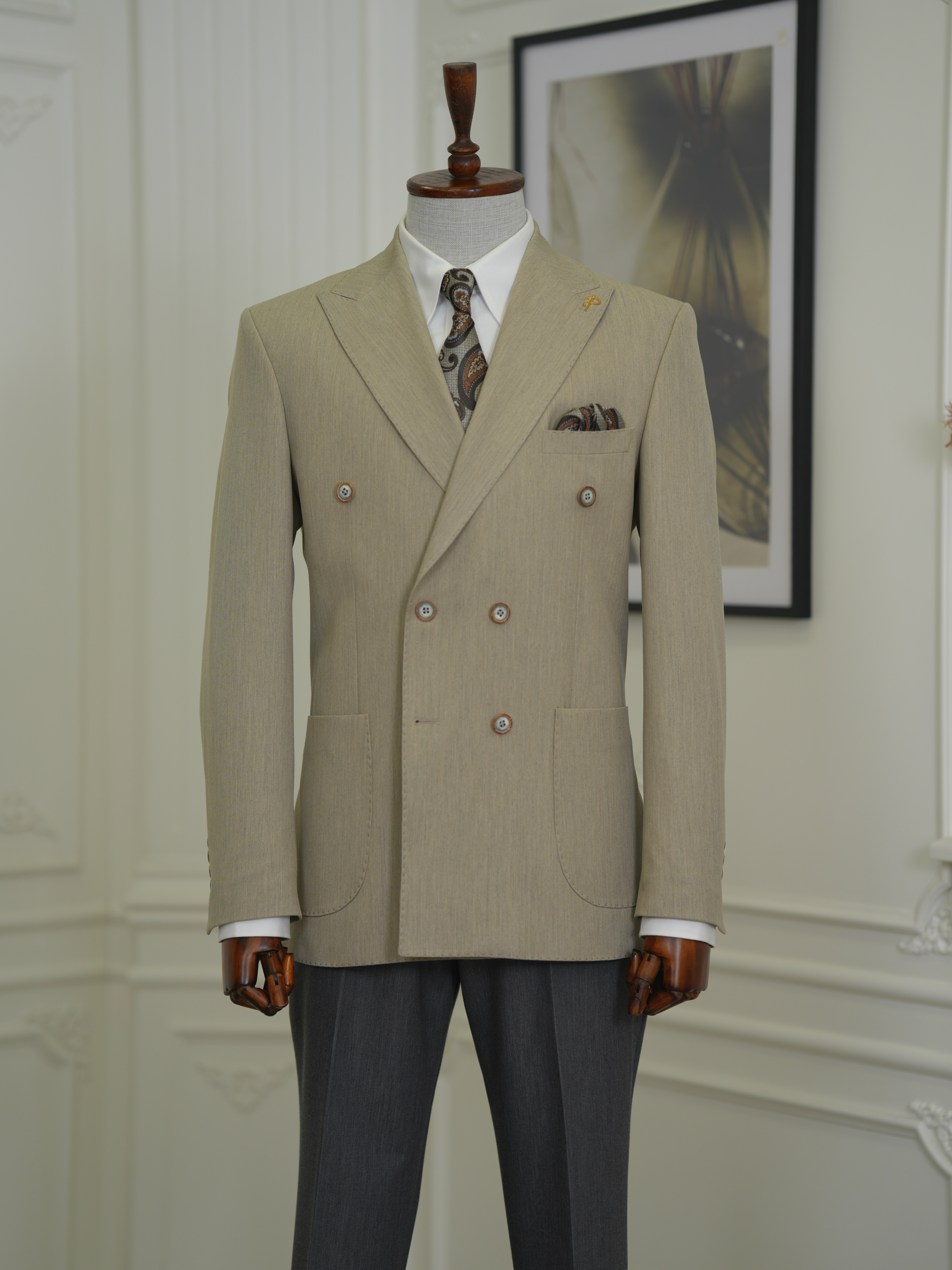 Erkek Premium İtalyan Stil Slim Fit Erkek Punto Dikişli Torba Cepli Yarım Astarlı Kruvaze Ceket-Krem