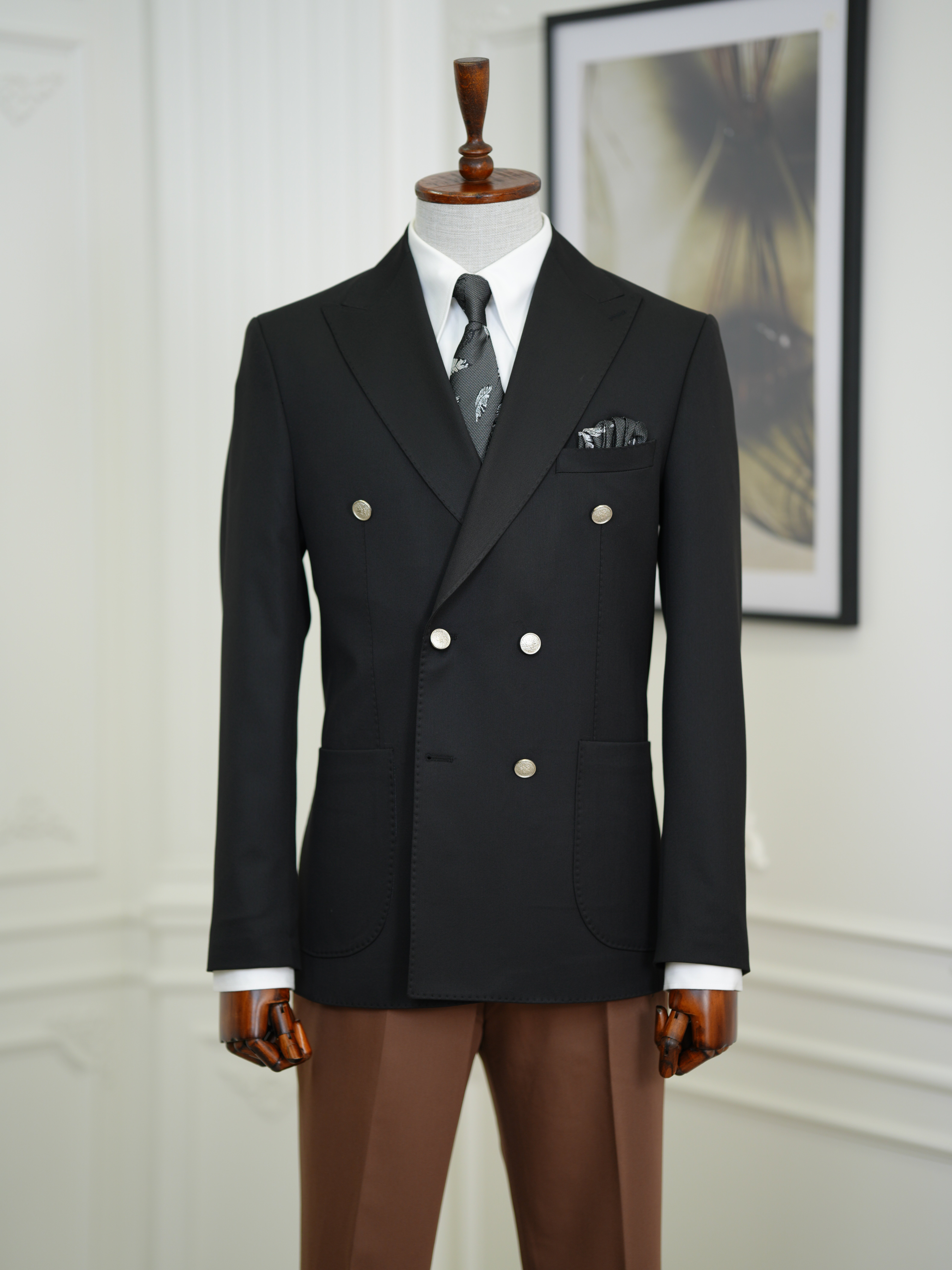 Erkek Premium İtalyan Stil Slim Fit Erkek Punto Dikişli Torba Cepli Yarım Astarlı Kruvaze Ceket - Siyah