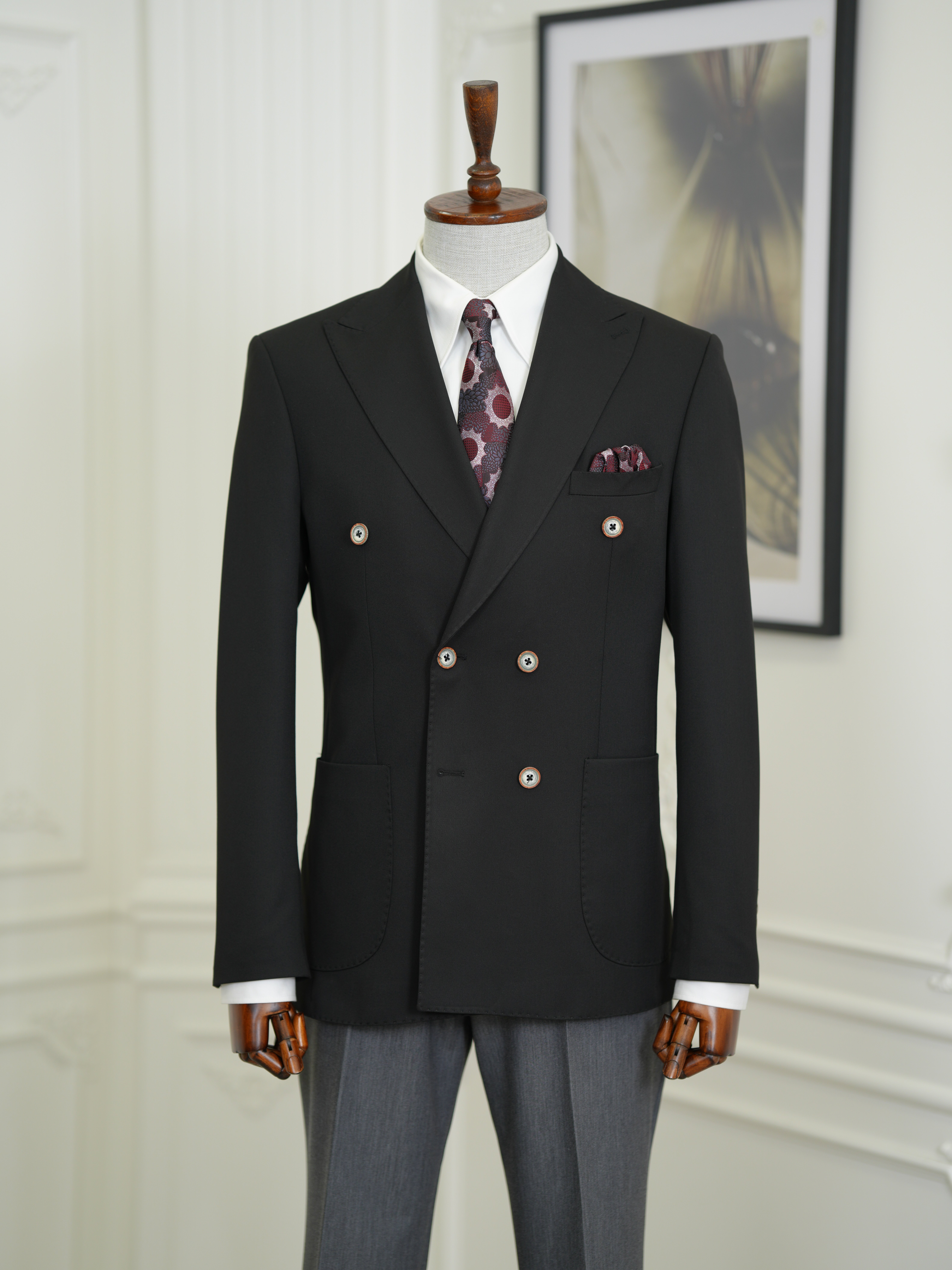 Erkek Premium İtalyan Stil Slim Fit Erkek Punto Dikişli Torba Cepli Yarım Astarlı Kruvaze Ceket-Siyah