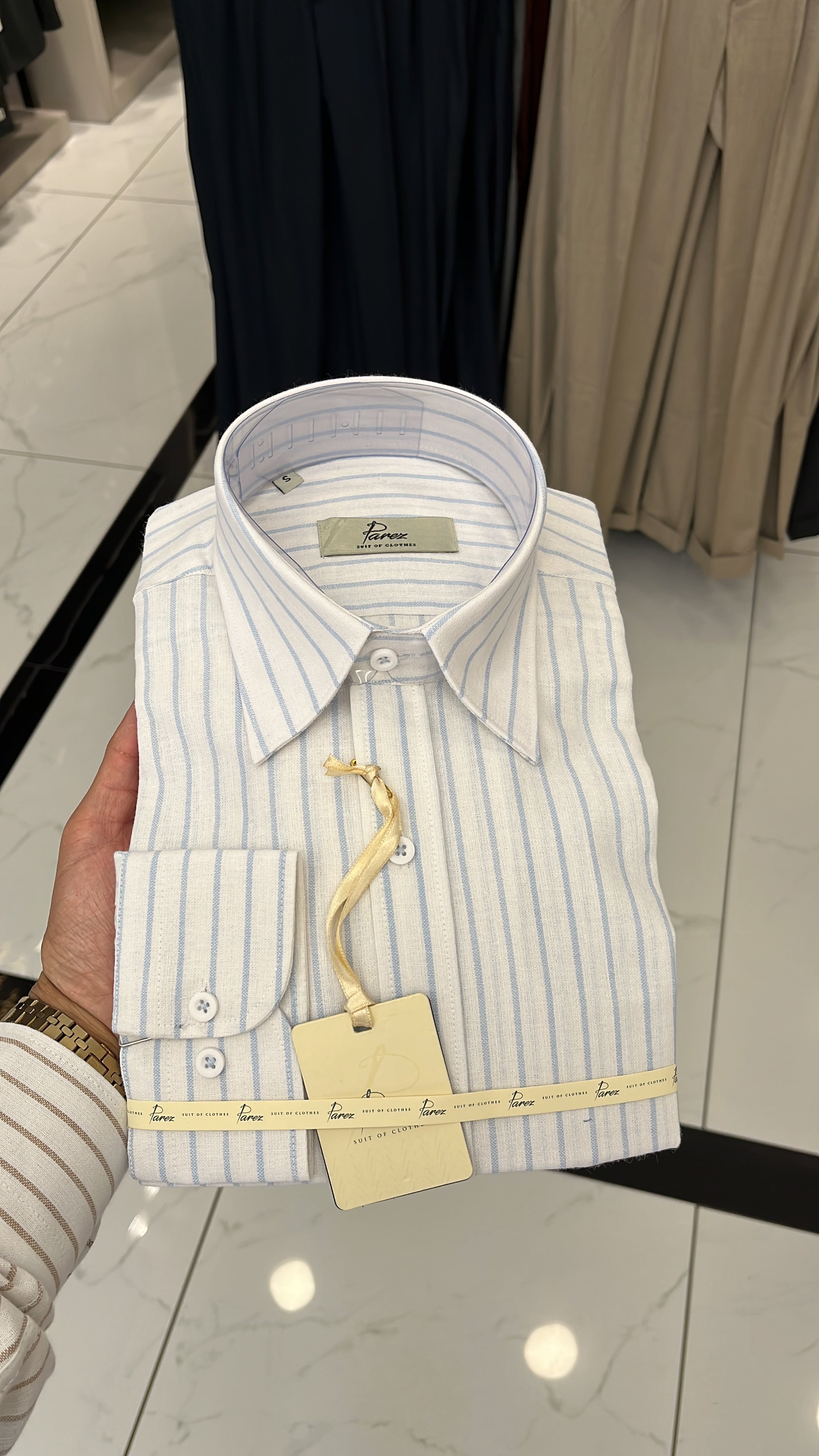 Erkek Premium Regular Fit Çizgili Keten Gömlek - Buz Mavisi