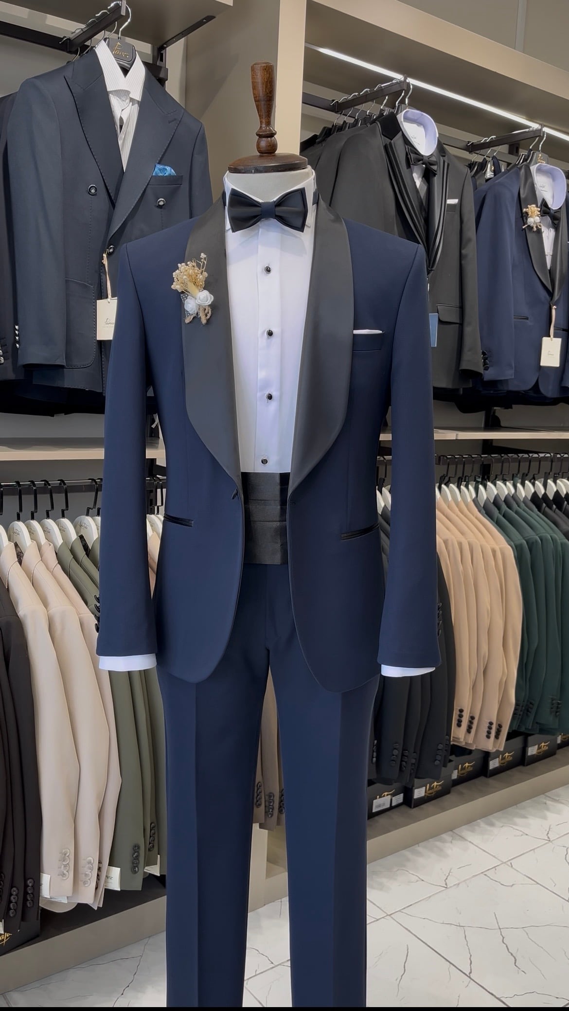 Erkek Premium Smokin Damatlık Şal Yaka İtalyan Stil  Ceket Pantolon Papyon- Lacivert - Lacivert
