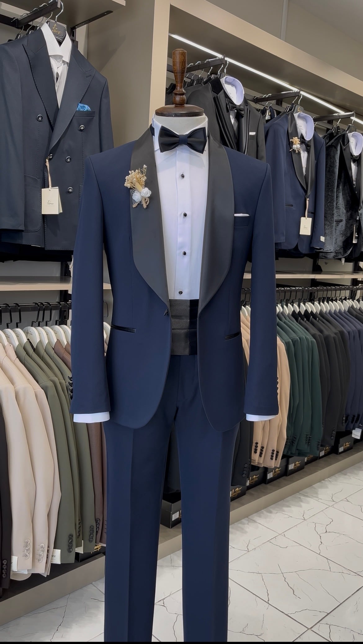 Erkek Premium Smokin Damatlık Şal Yaka İtalyan Stil  Ceket Pantolon Papyon- Lacivert - Lacivert