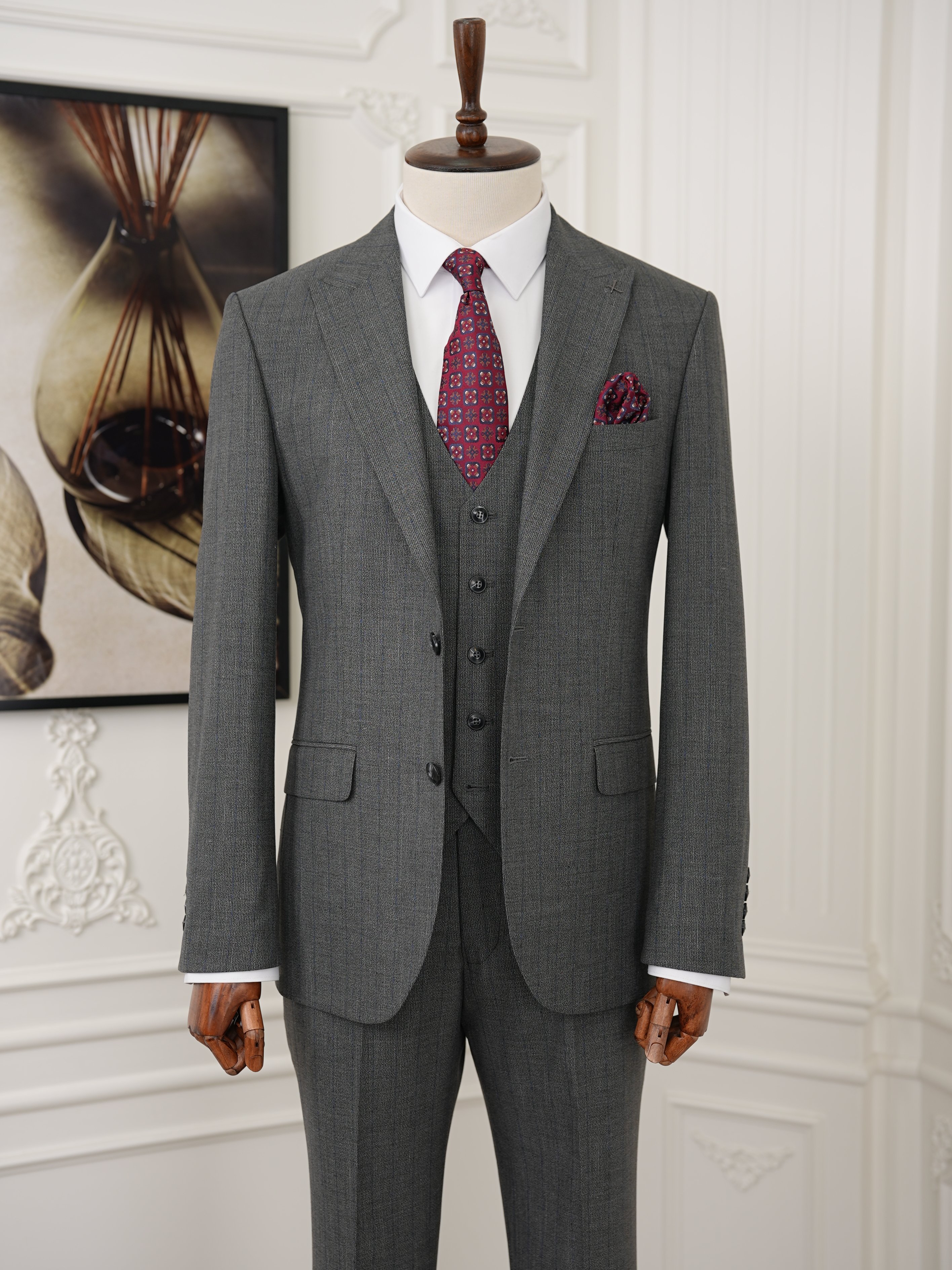 Erkek Premıum Takım Elbise İtalyan Stil Slim Fit Ceket Yelek Pantolon - Gri