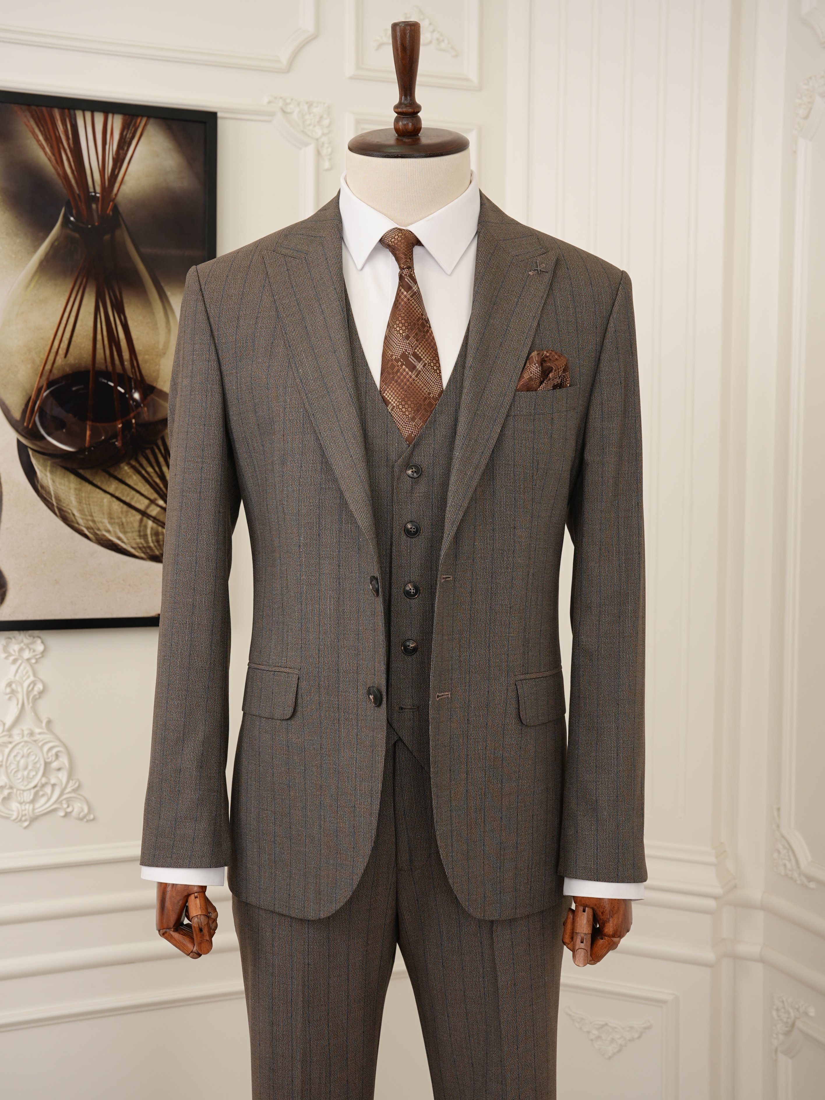 Erkek Premıum Takım Elbise İtalyan Stil Slim Fit Ceket Yelek Pantolon - Kahve