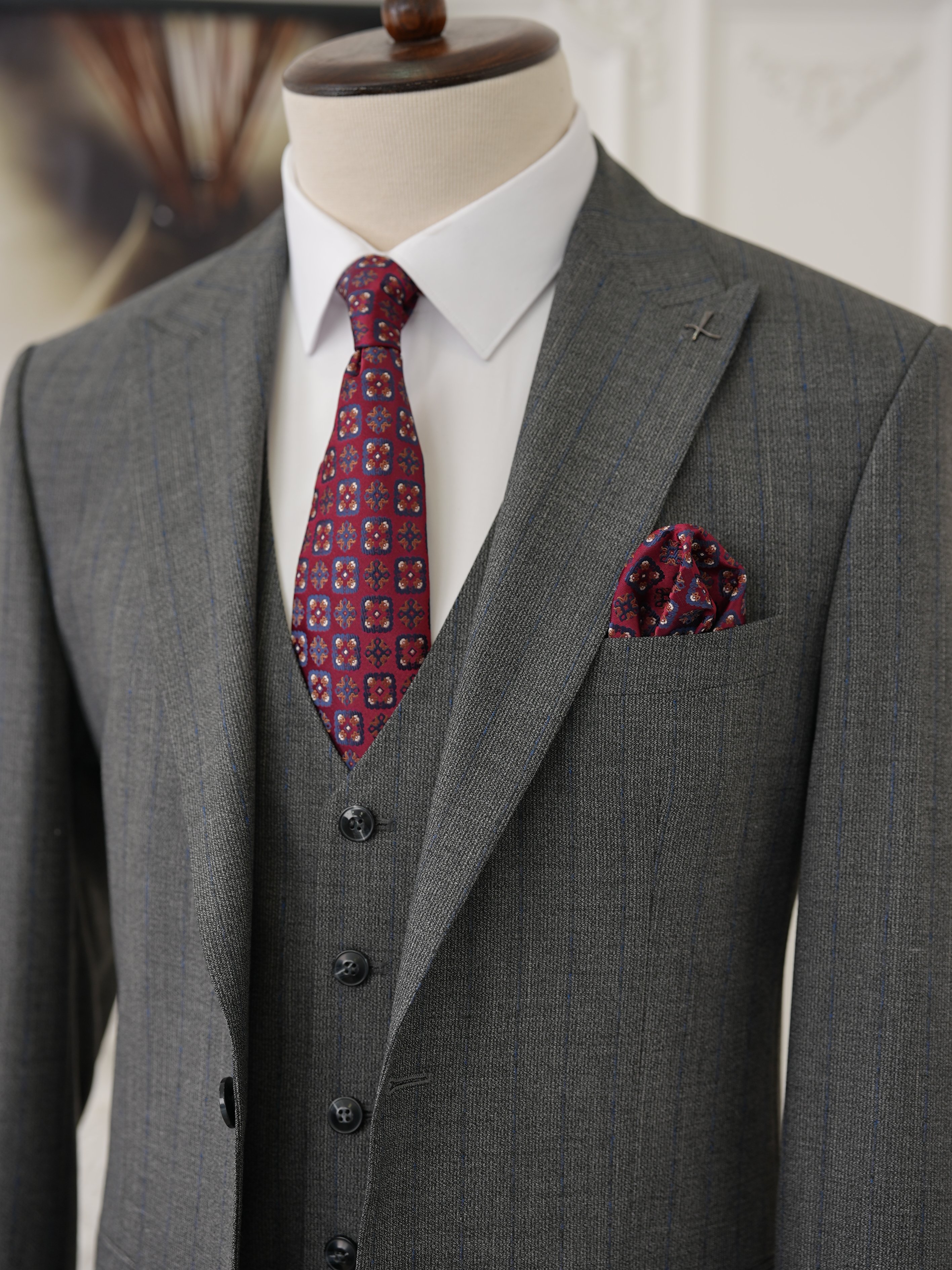 Erkek Premıum Takım Elbise İtalyan Stil Slim Fit Ceket Yelek Pantolon - Gri