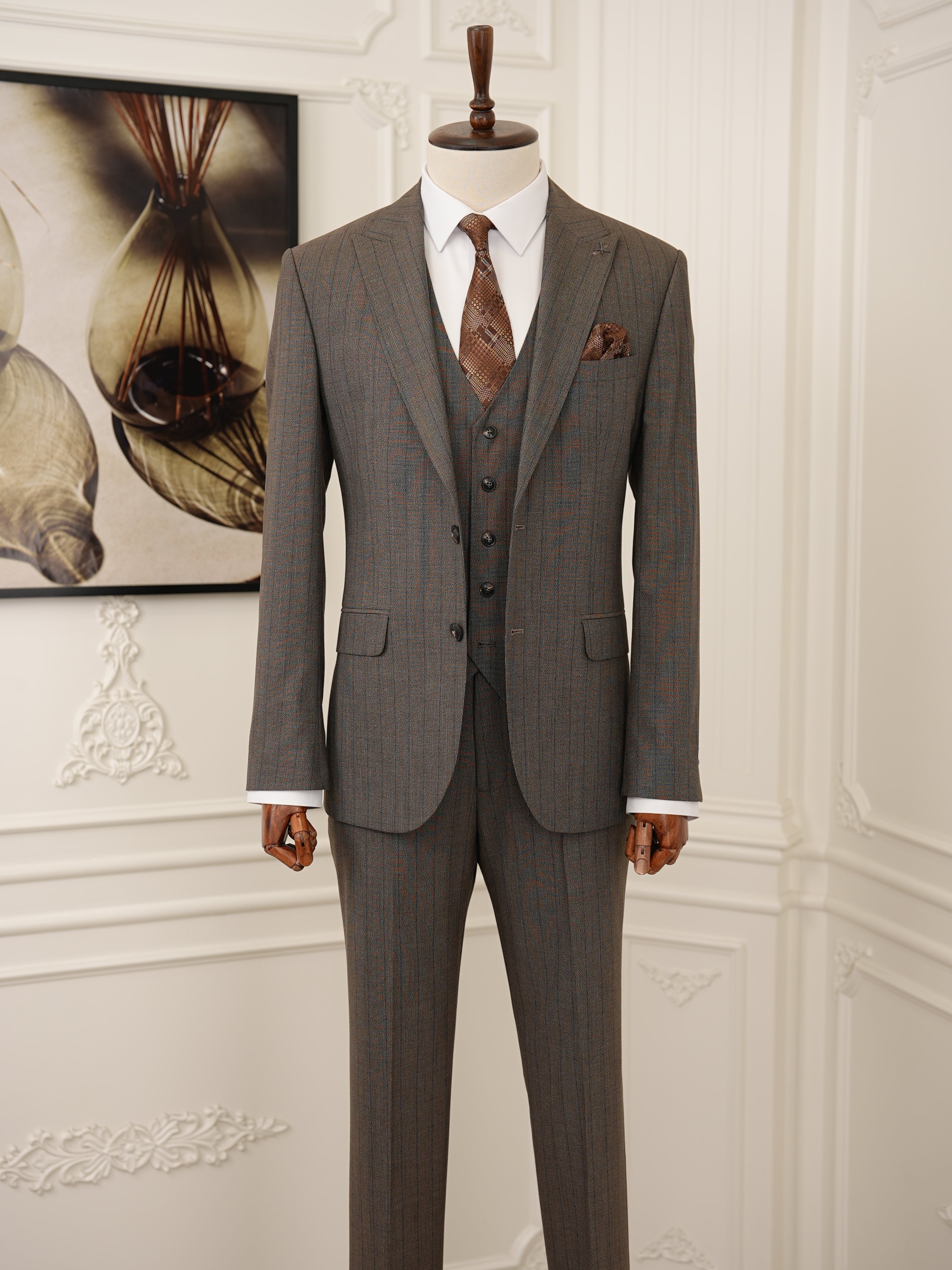 Erkek Premıum Takım Elbise İtalyan Stil Slim Fit Ceket Yelek Pantolon - Kahve