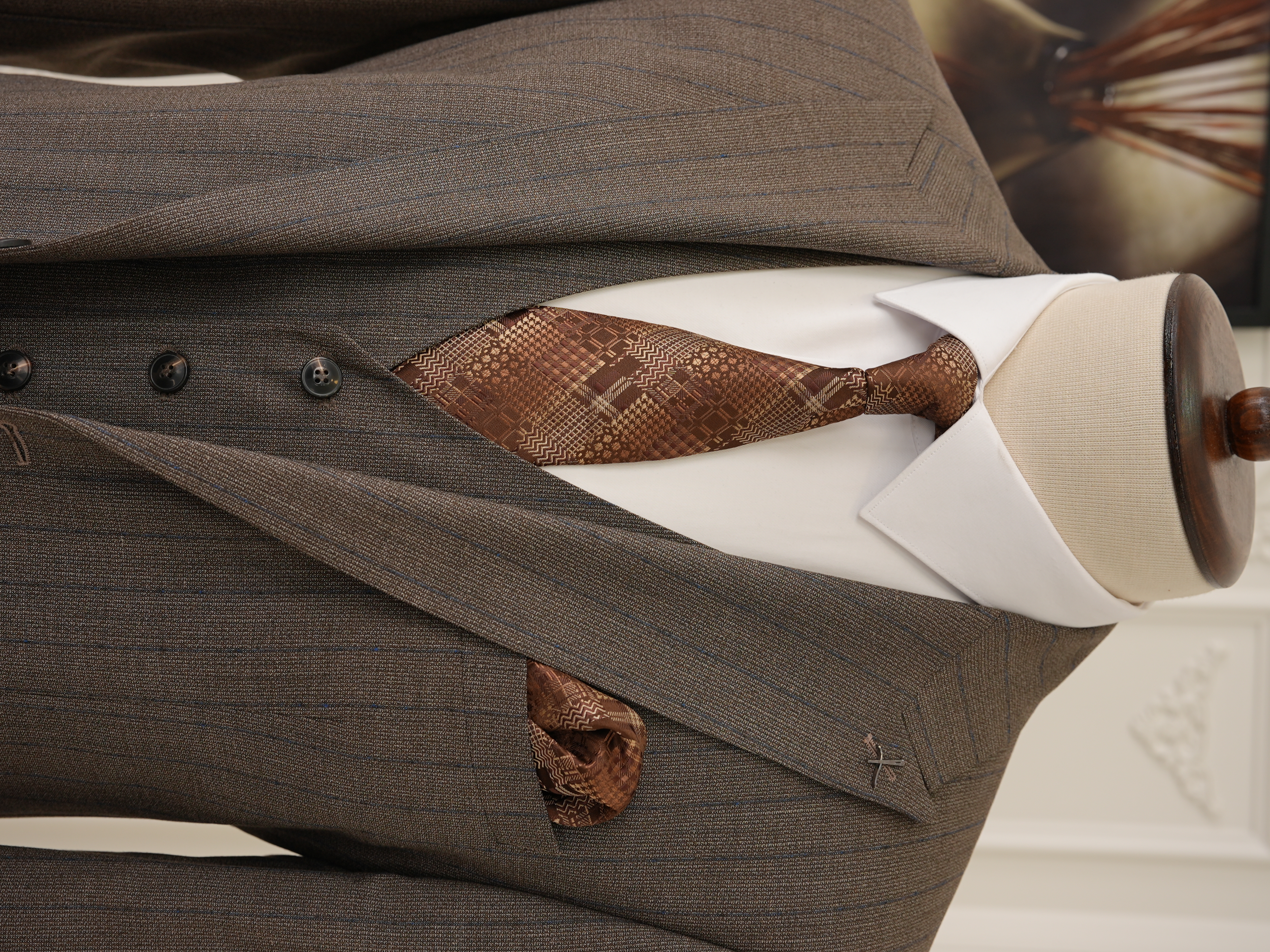 Erkek Premıum Takım Elbise İtalyan Stil Slim Fit Ceket Yelek Pantolon - Kahve