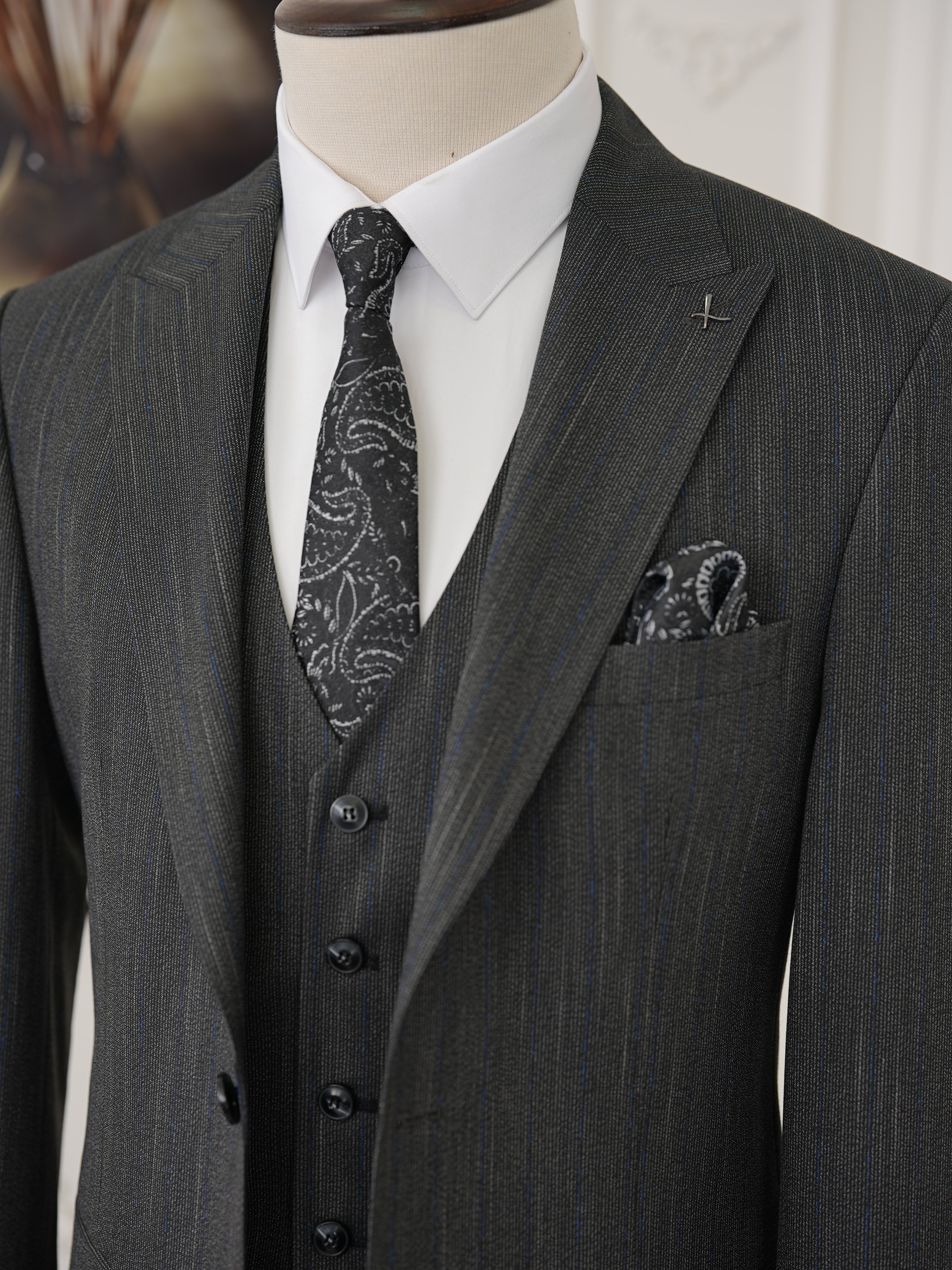 Erkek Premıum Takım Elbise İtalyan Stil Slim Fit Ceket Yelek Pantolon - Antrasit