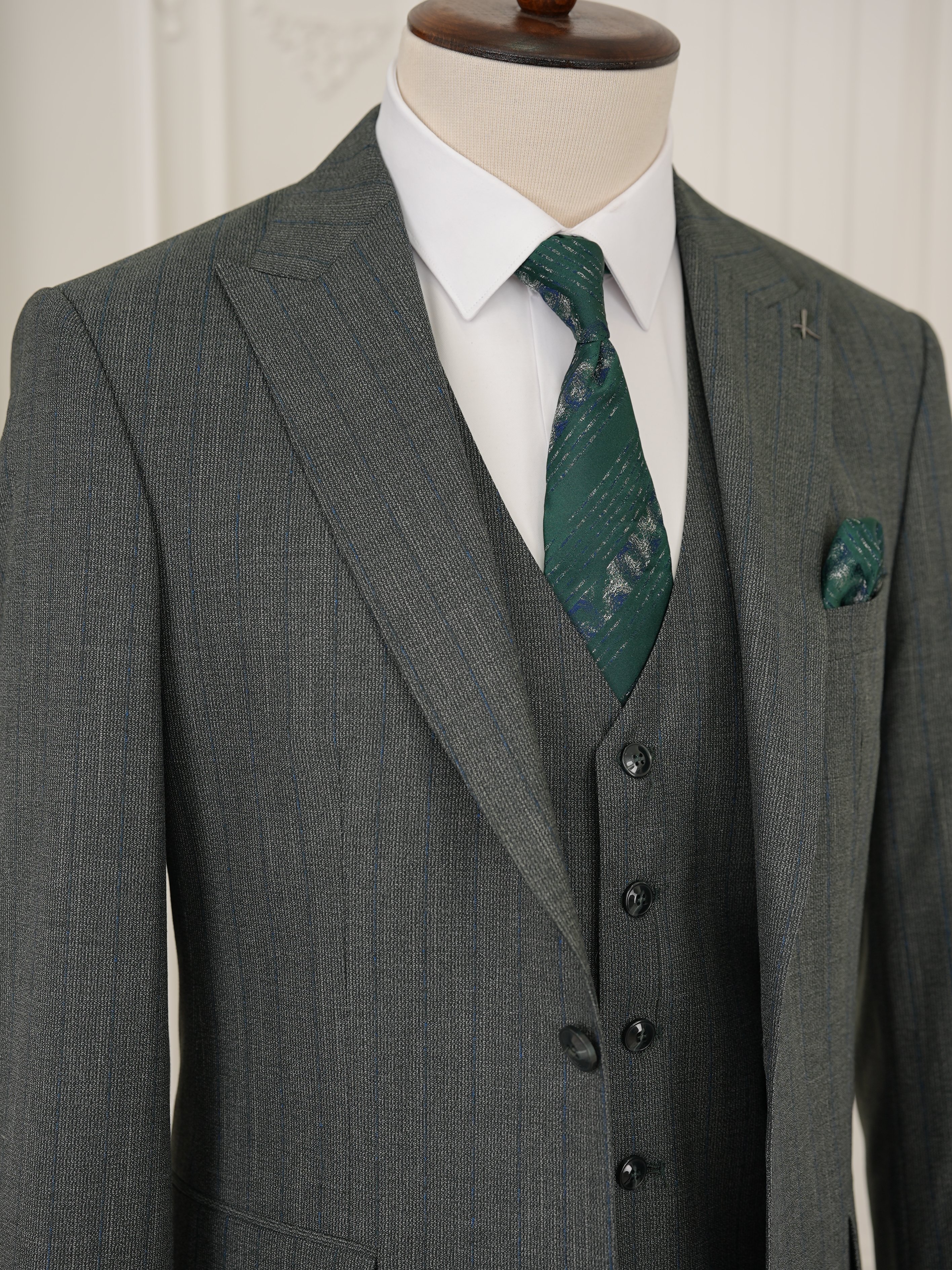 Erkek Premıum Takım Elbise İtalyan Stil Slim Fit Ceket Yelek Pantolon - Yeşil