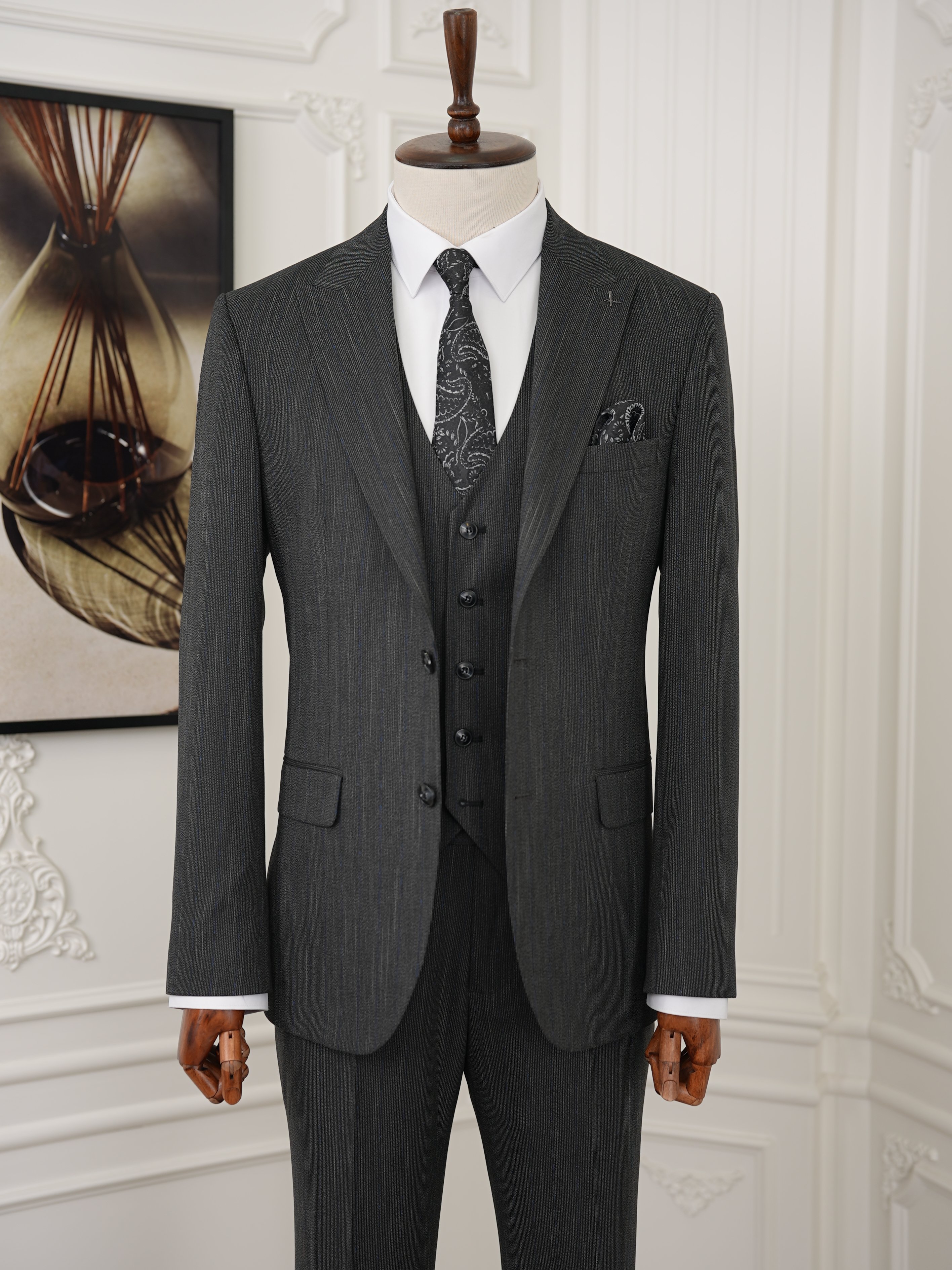 Erkek Premıum Takım Elbise İtalyan Stil Slim Fit Ceket Yelek Pantolon - Antrasit