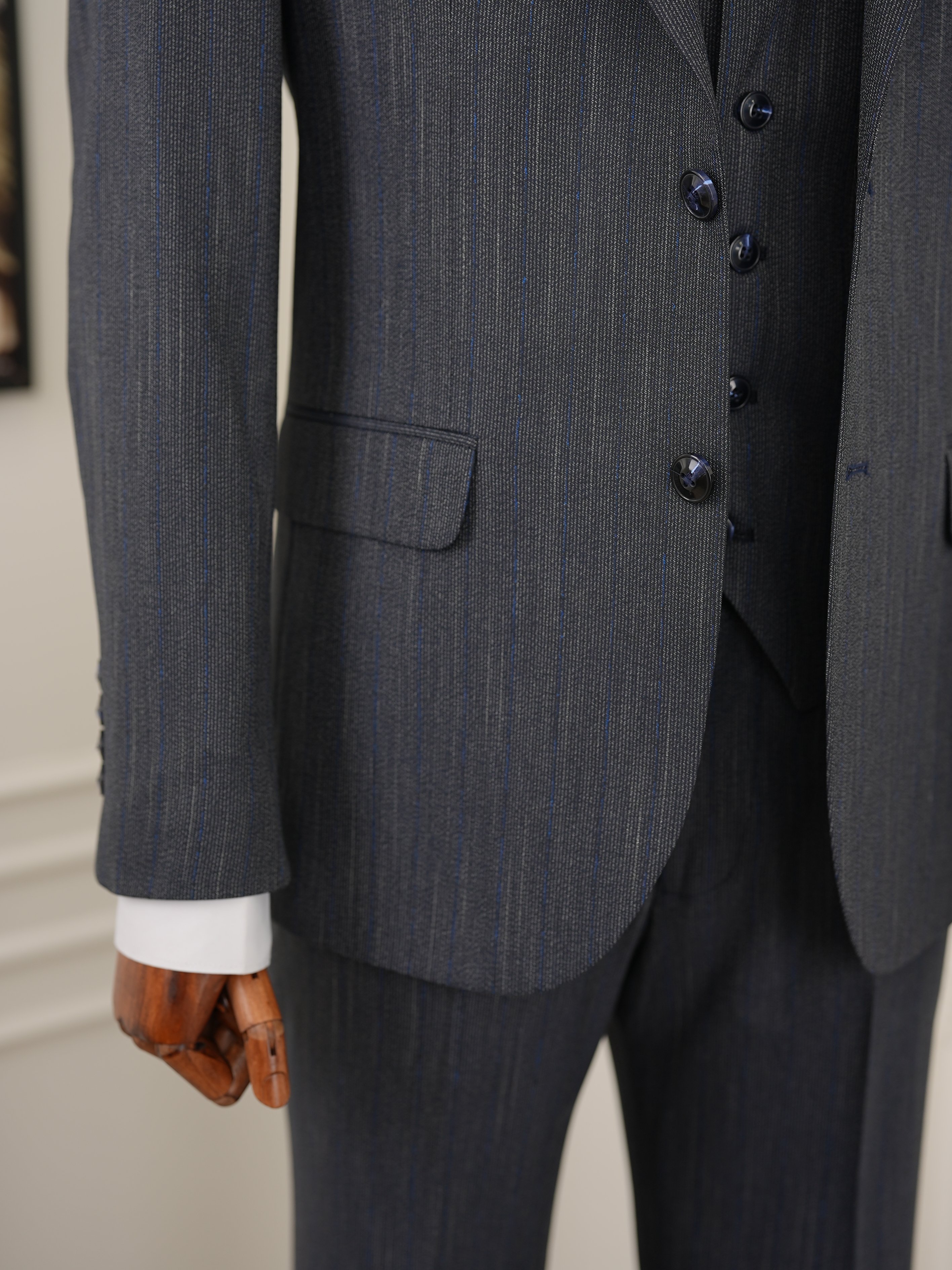 Erkek Premıum Takım Elbise İtalyan Stil Slim Fit Ceket Yelek Pantolon - Koyu Lacivert