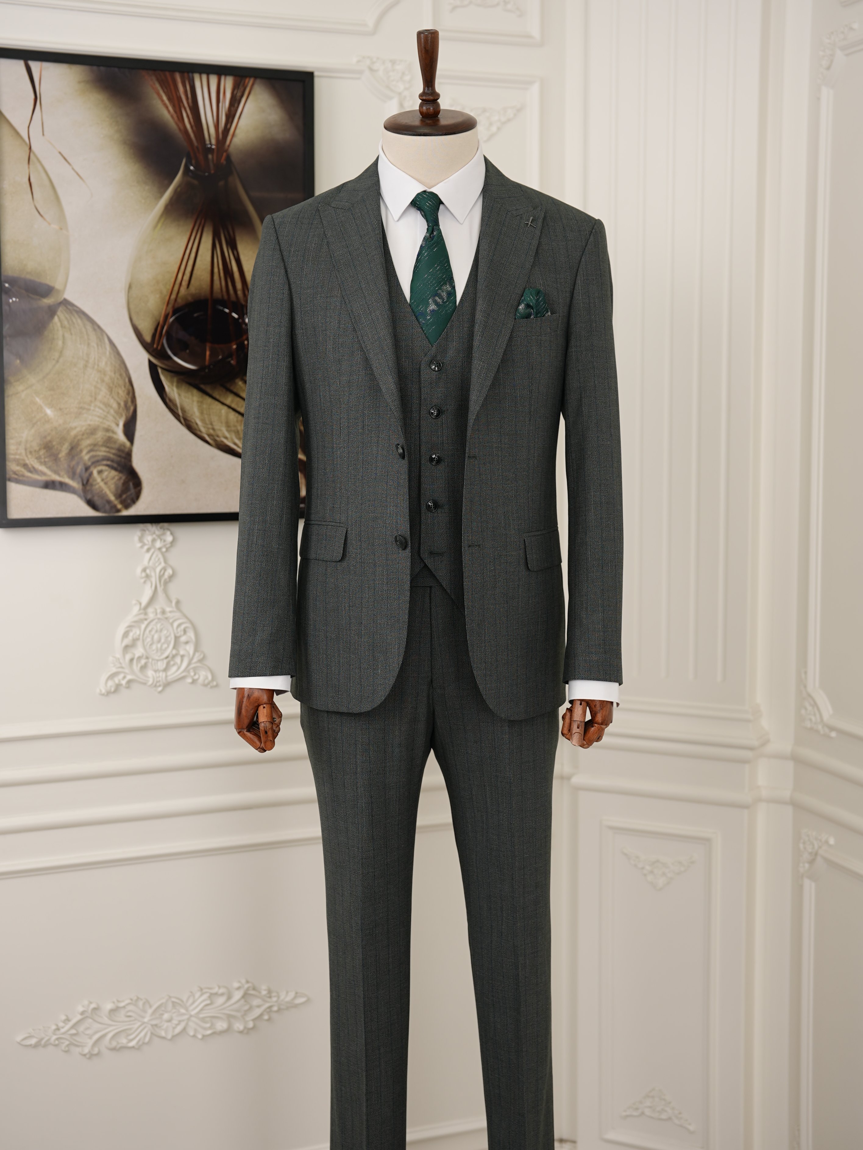 Erkek Premıum Takım Elbise İtalyan Stil Slim Fit Ceket Yelek Pantolon - Yeşil