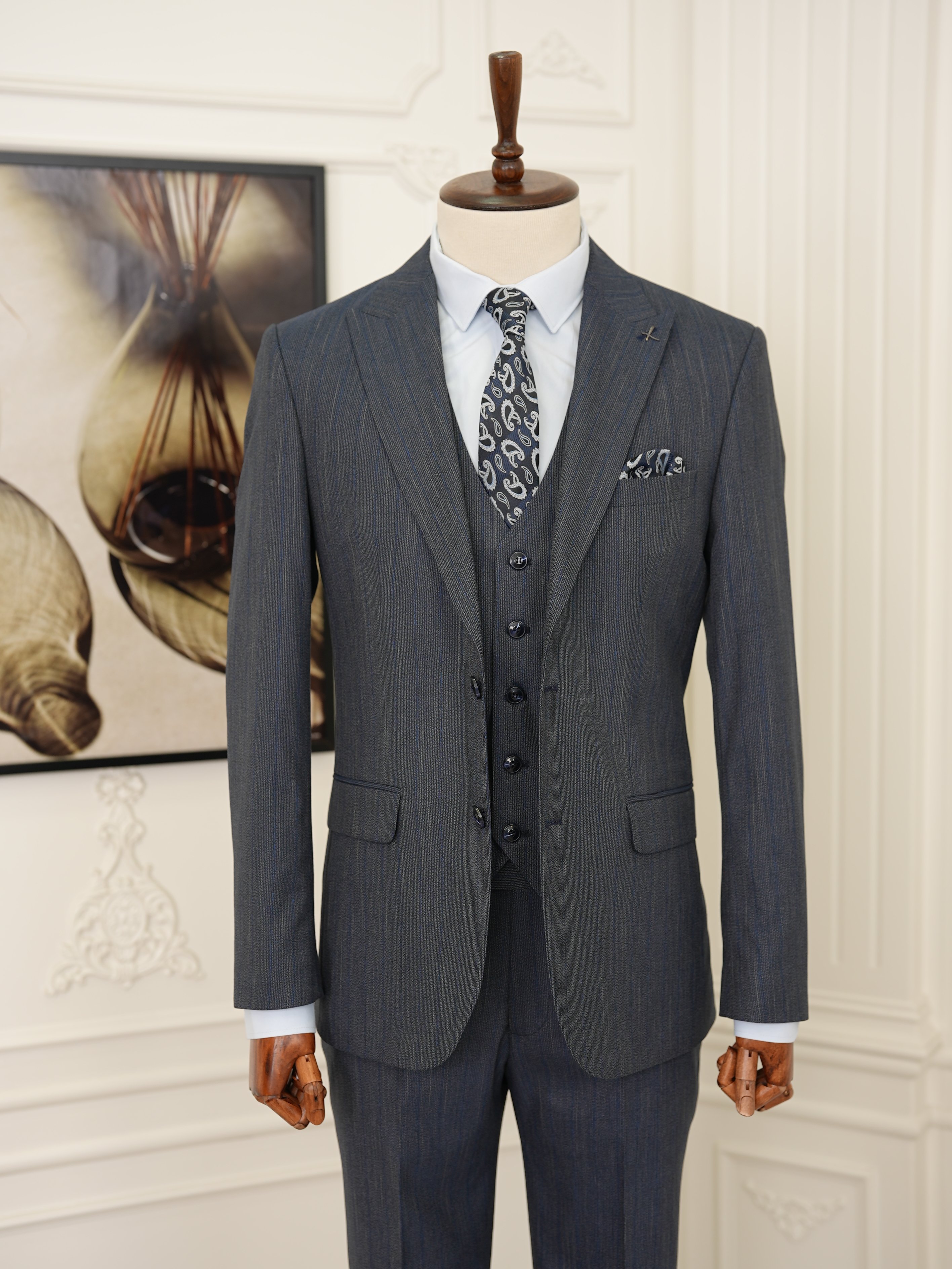Erkek Premıum Takım Elbise İtalyan Stil Slim Fit Ceket Yelek Pantolon - Lacivert