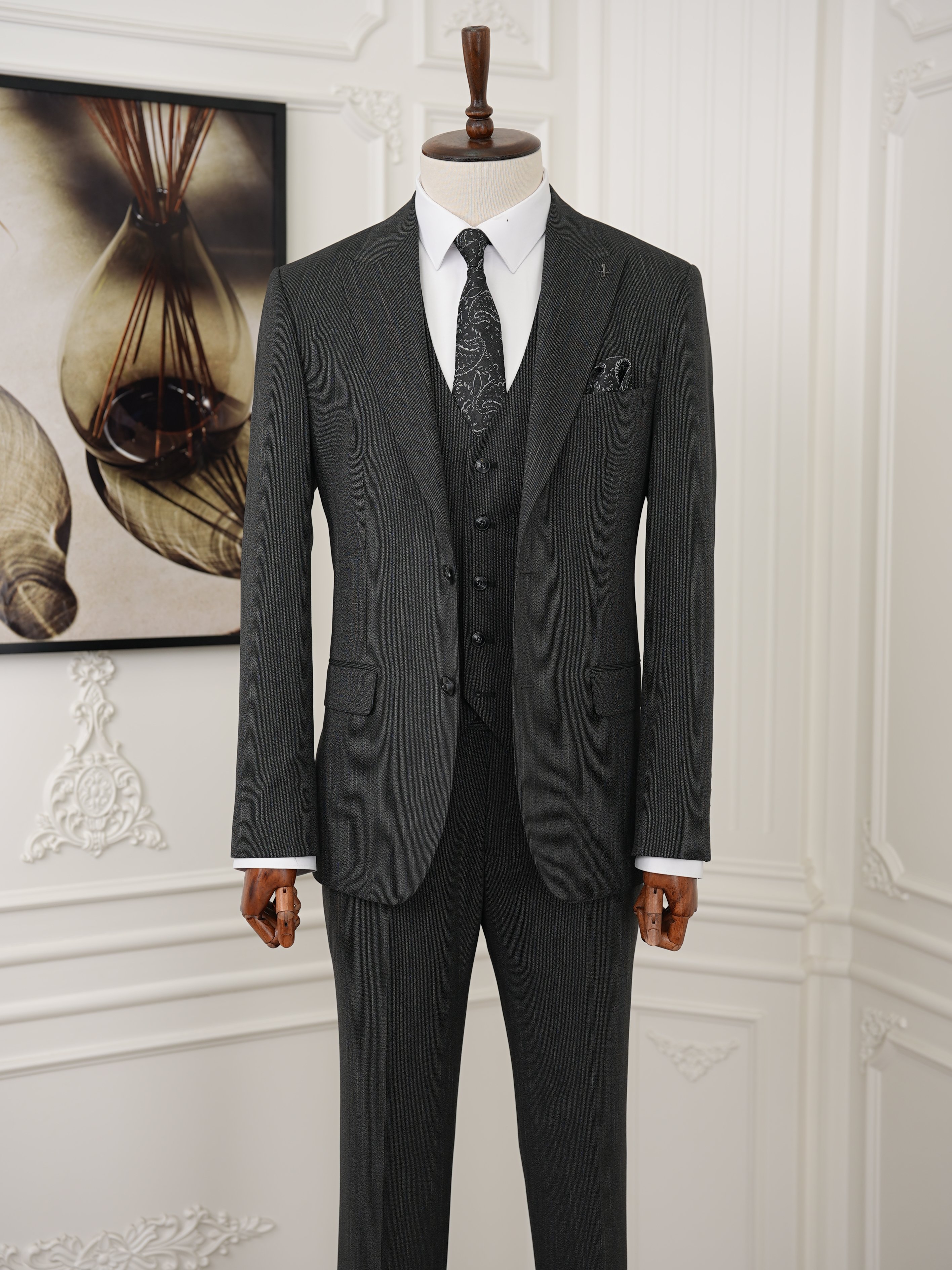 Erkek Premıum Takım Elbise İtalyan Stil Slim Fit Ceket Yelek Pantolon - Antrasit