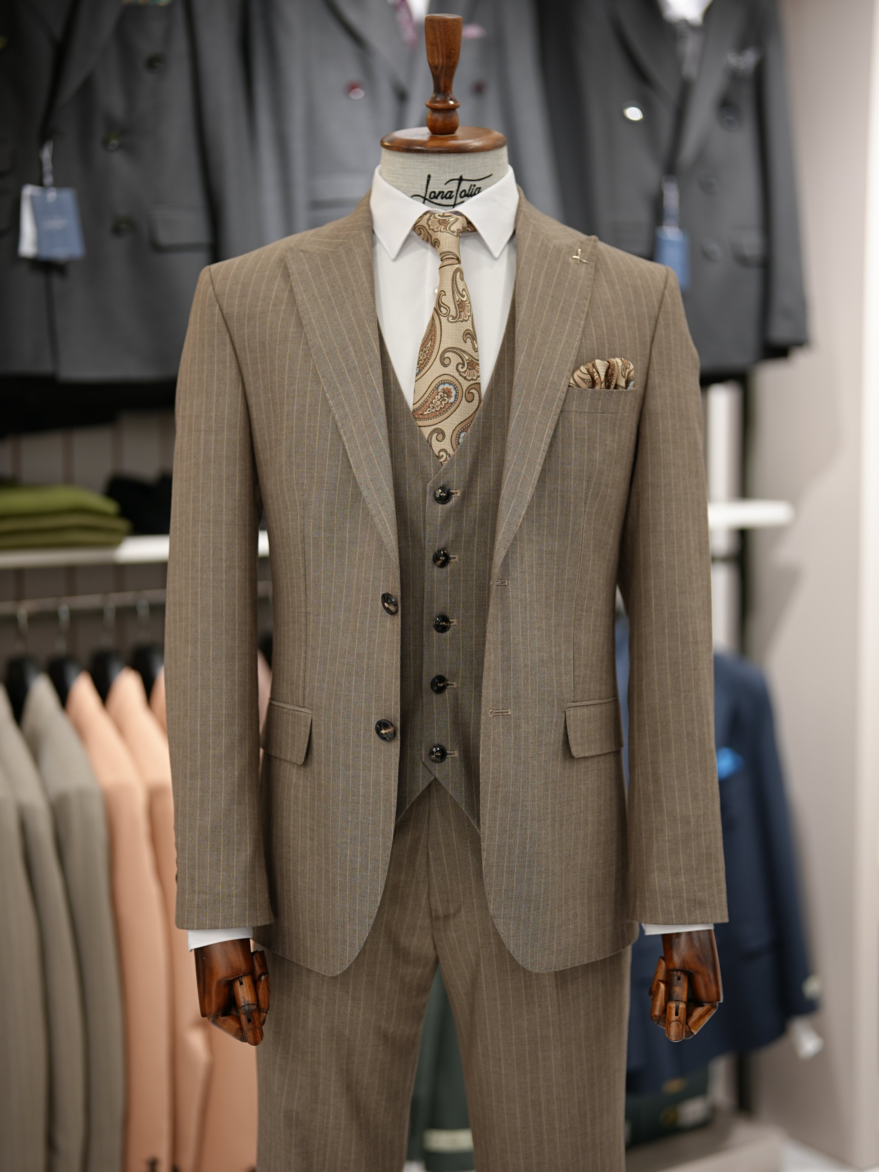 Erkek Premium Takım Elbise Slim Fit İtalyan Stil Ceket Yelek Pantolon - Sütlü Kahve