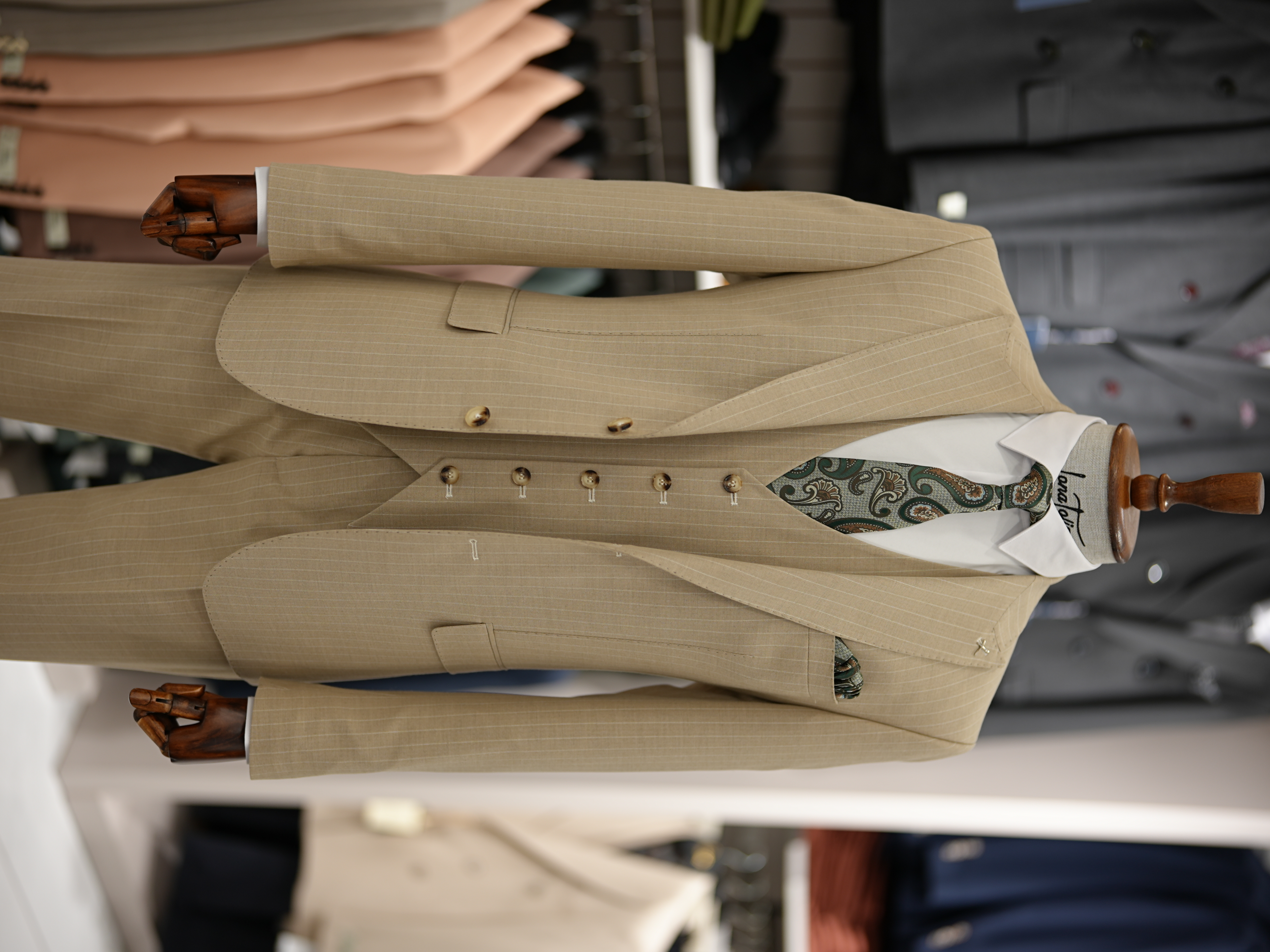 Erkek Premium Takım Elbise Slim Fit İtalyan Stil Ceket Yelek Pantolon-Krem