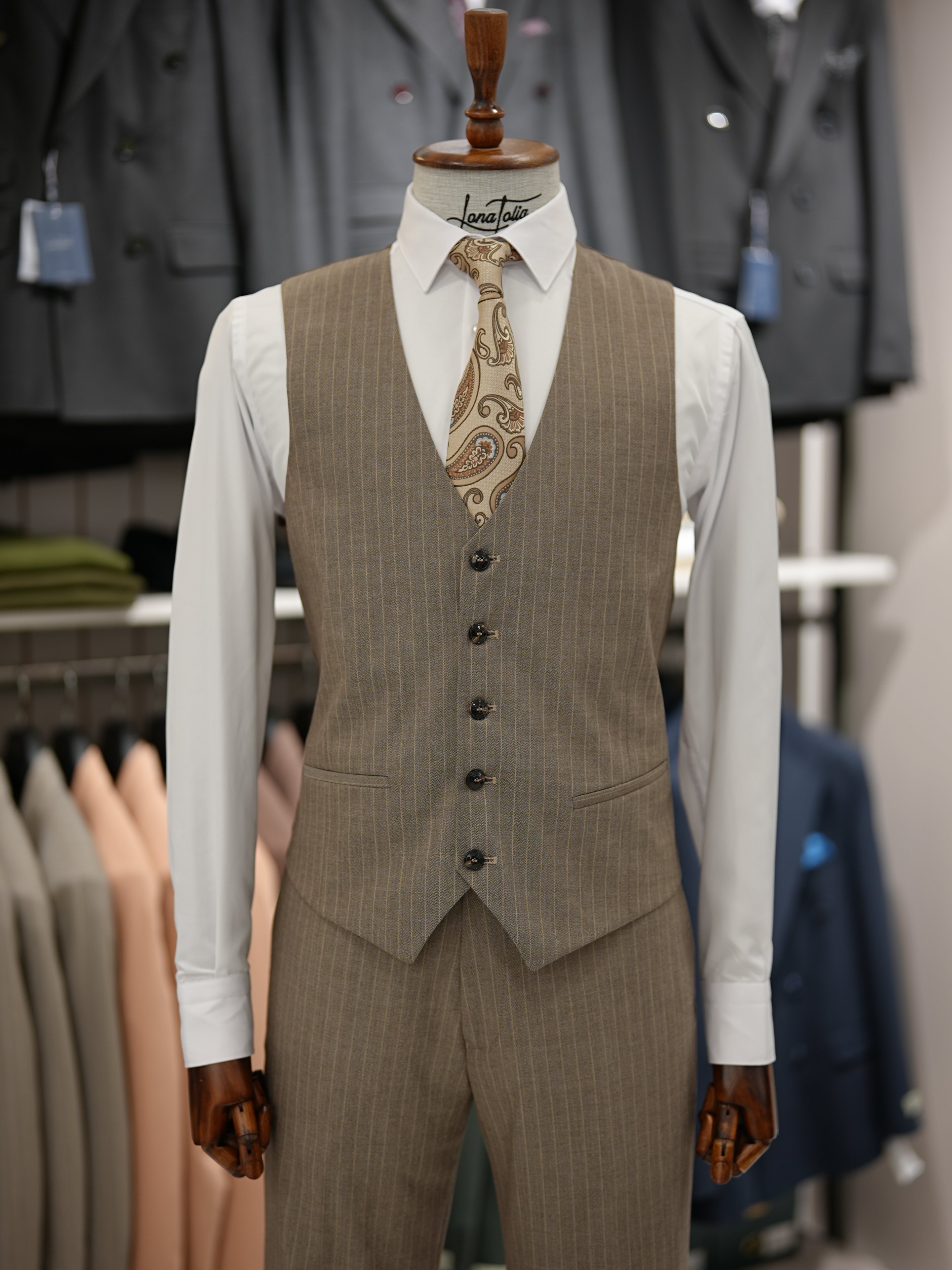 Erkek Premium Takım Elbise Slim Fit İtalyan Stil Ceket Yelek Pantolon - Sütlü Kahve