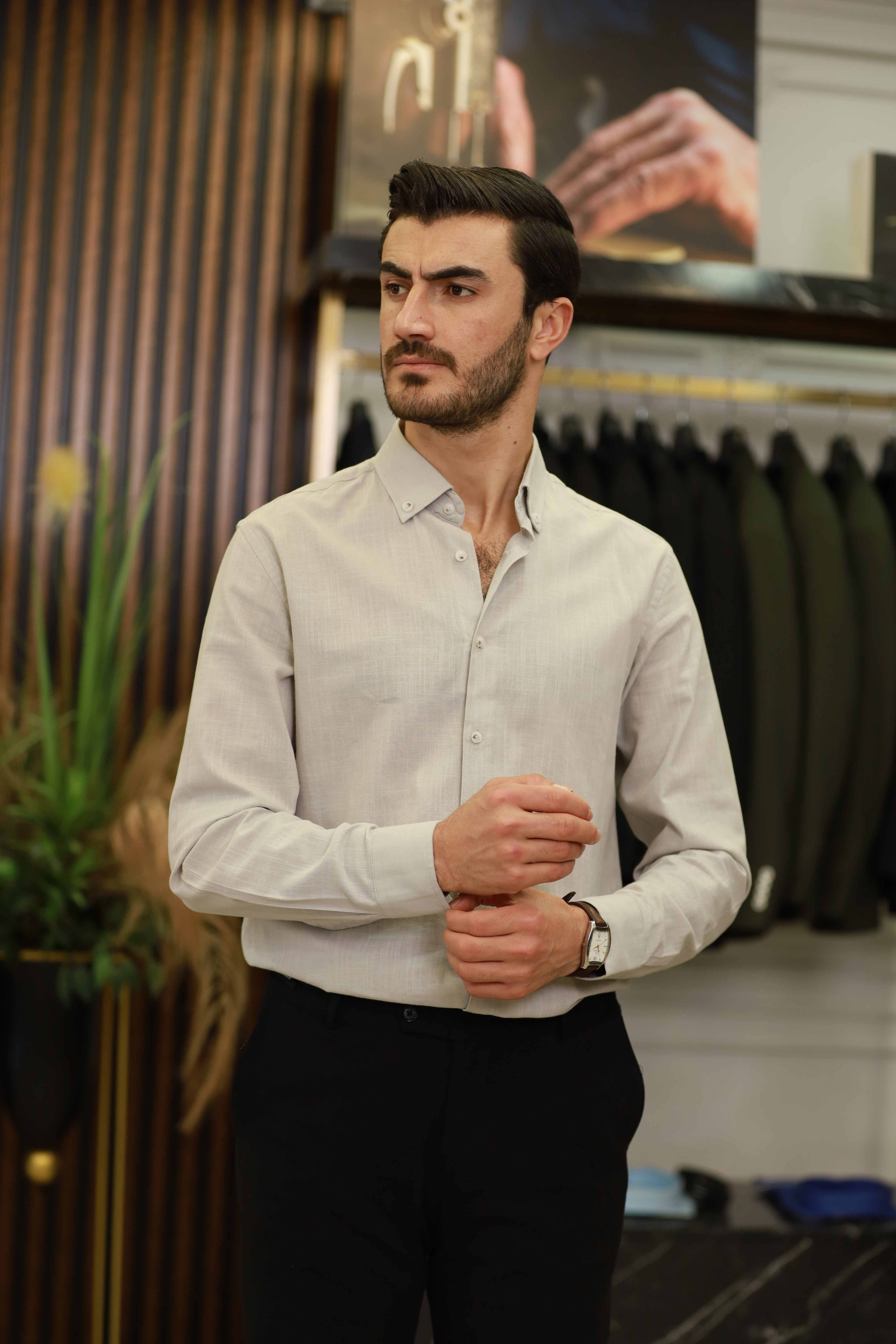 Erkek Regular Fit Keten Yaka Düğmeli Gömlek-Krem