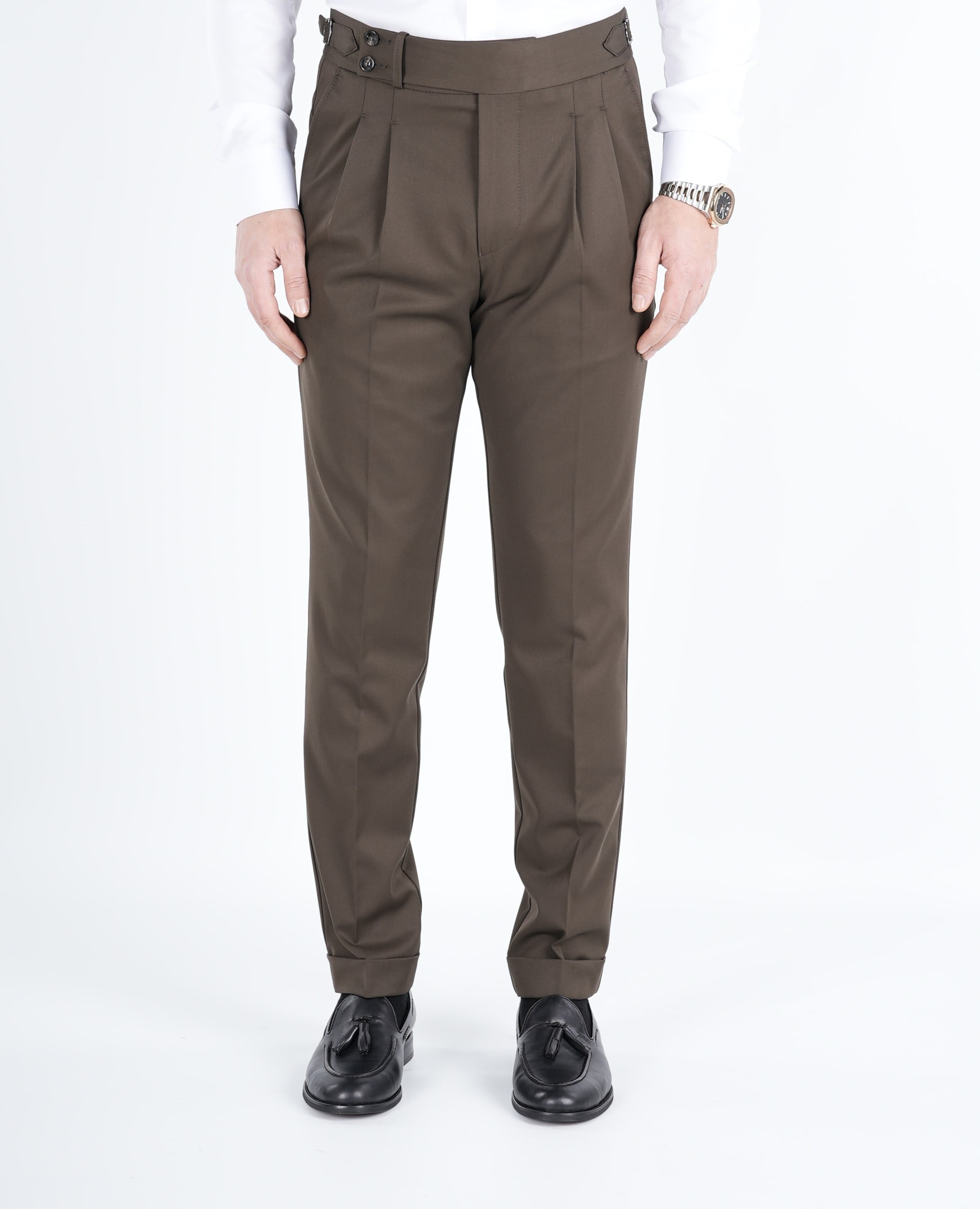 Erkek Regular Fit Yüksek Bel Piliseli Tokalı Kumaş Pantolon - Haki