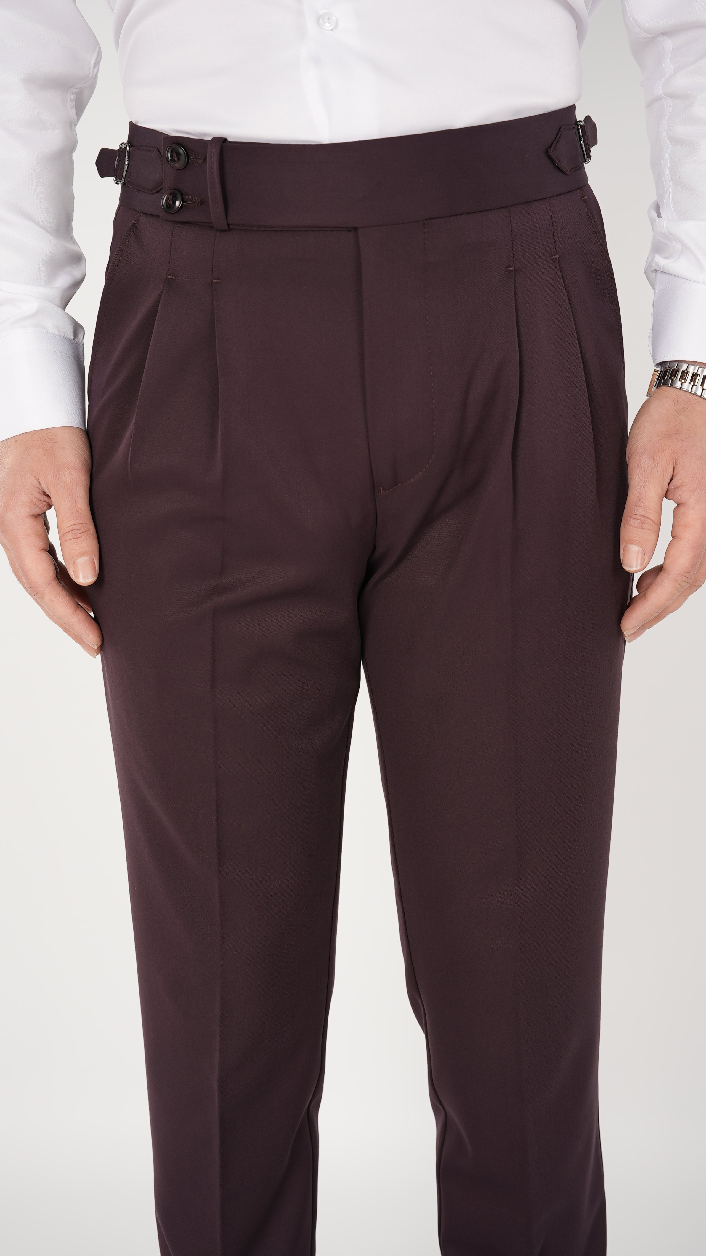 Erkek Regular Fit Yüksek Bel Piliseli Tokalı Kumaş Pantolon - Bordo