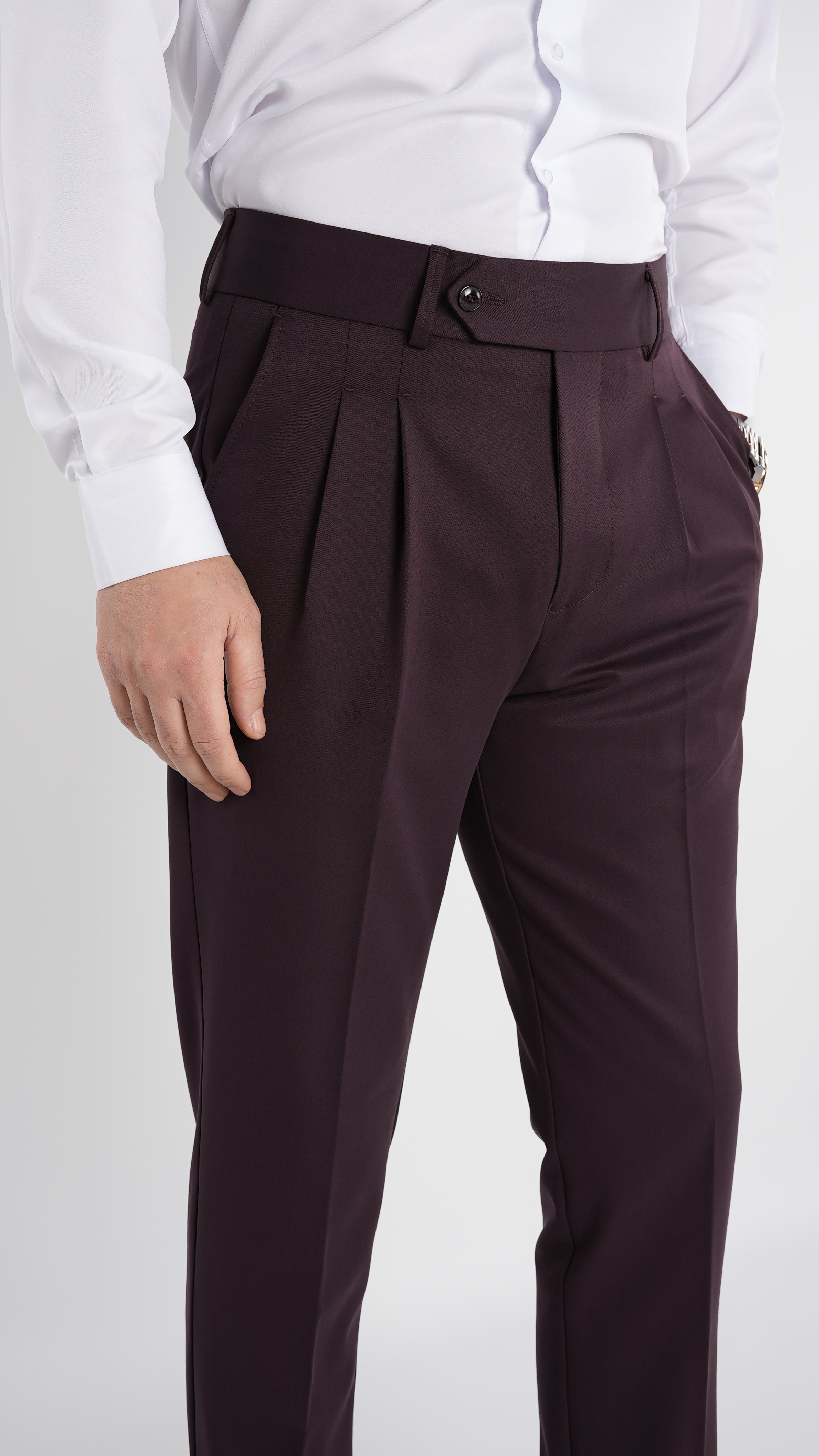 Erkek Regular Fit Yüksek Bel Piliseli Tokalı Kumaş Pantolon - Bordo