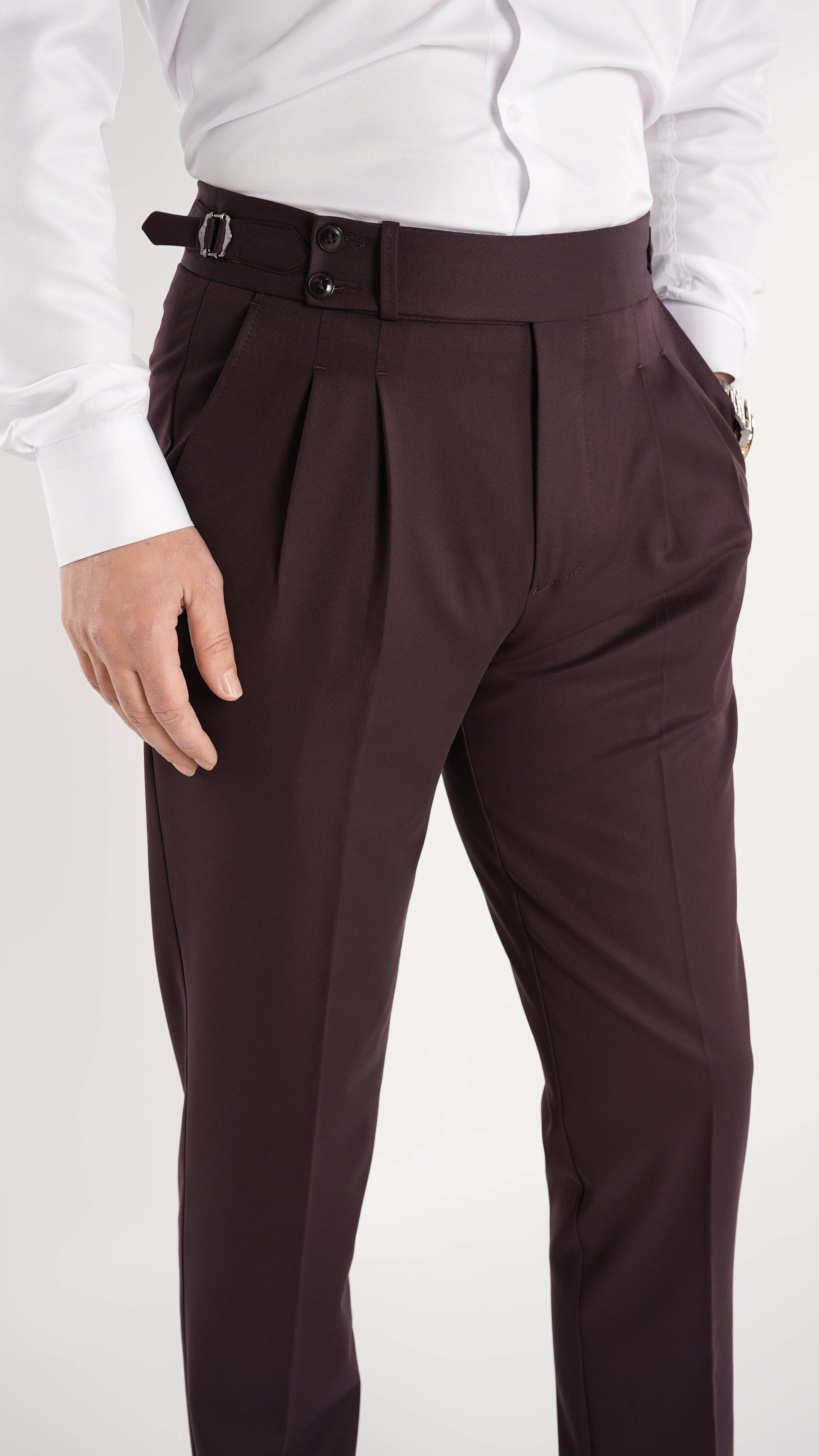 Erkek Regular Fit Yüksek Bel Piliseli Tokalı Kumaş Pantolon - Bordo