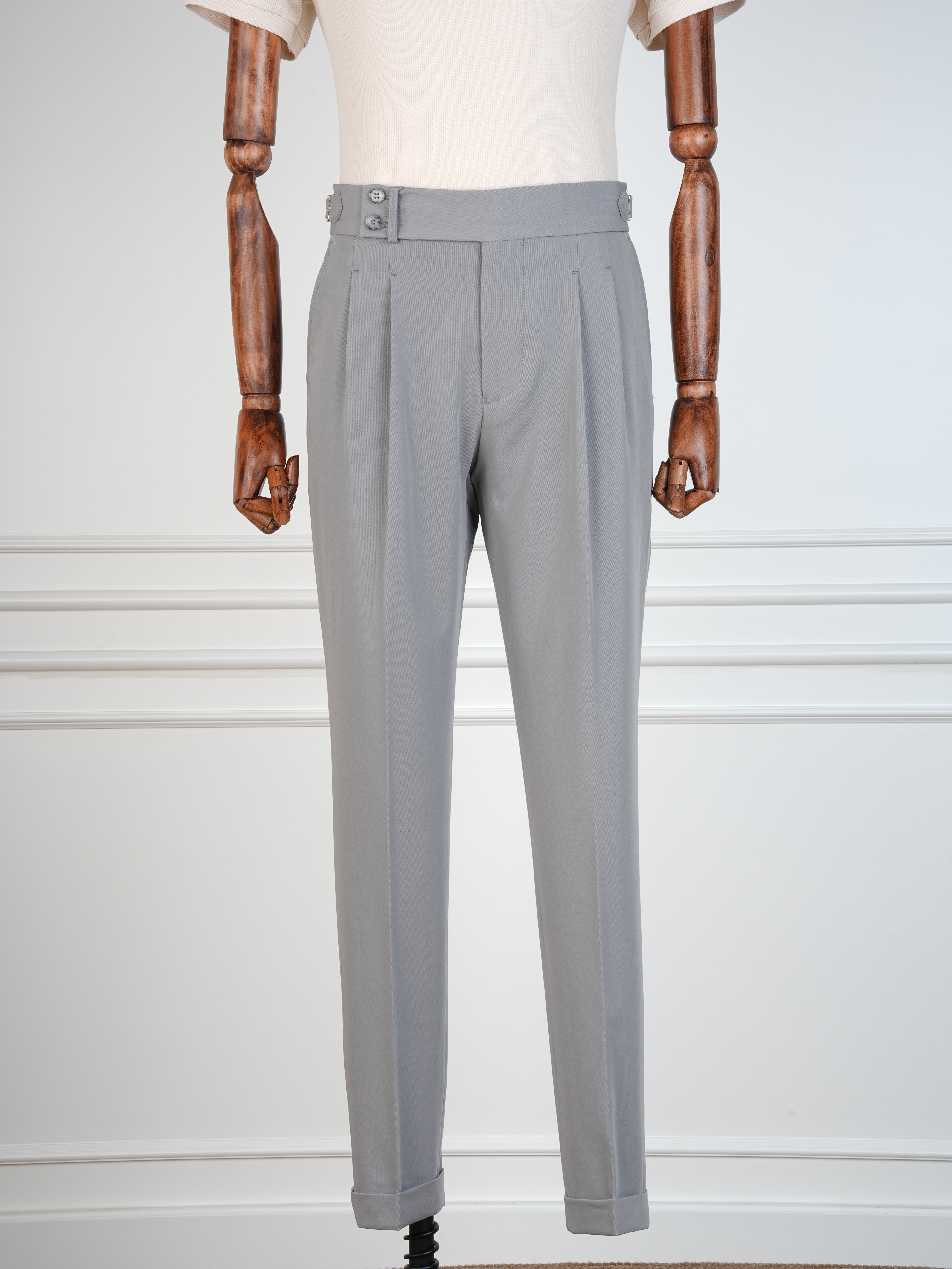 Erkek Regular Fit Yüksek Bel Piliseli Tokalı Kumaş Pantolon - Açık gri