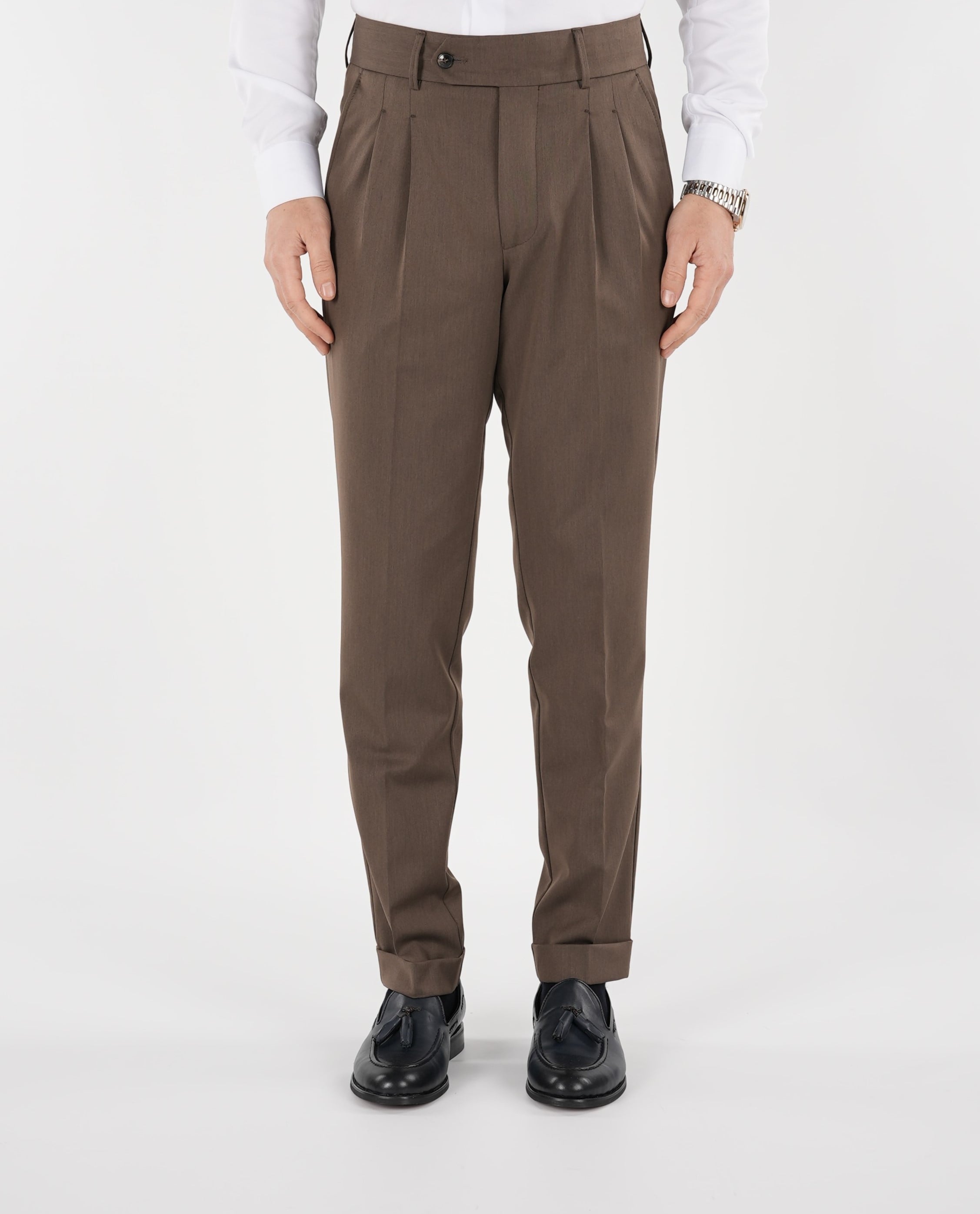 Erkek Regular Fit Yüksek Bel Piliseli Tokalı Kumaş Pantolon - Sütlü Kahve