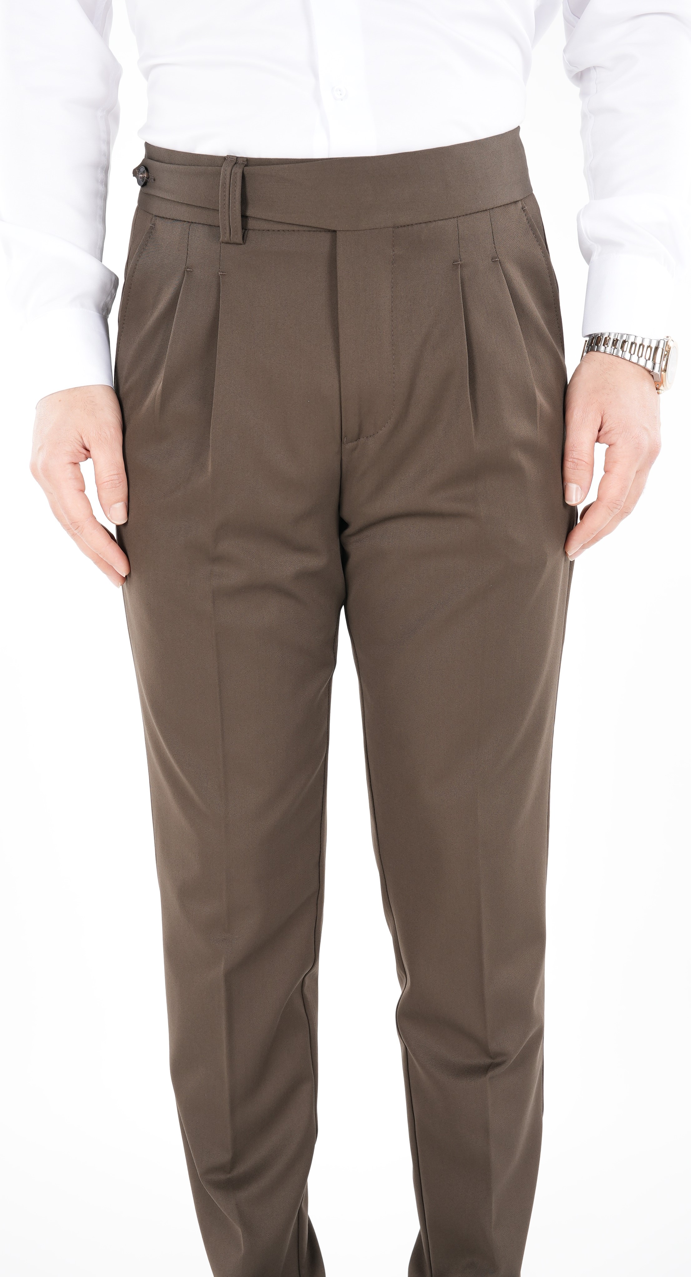 Erkek Regular Fit Yüksek Bel Piliseli Kumaş Pantolon - Sütlü Kahve