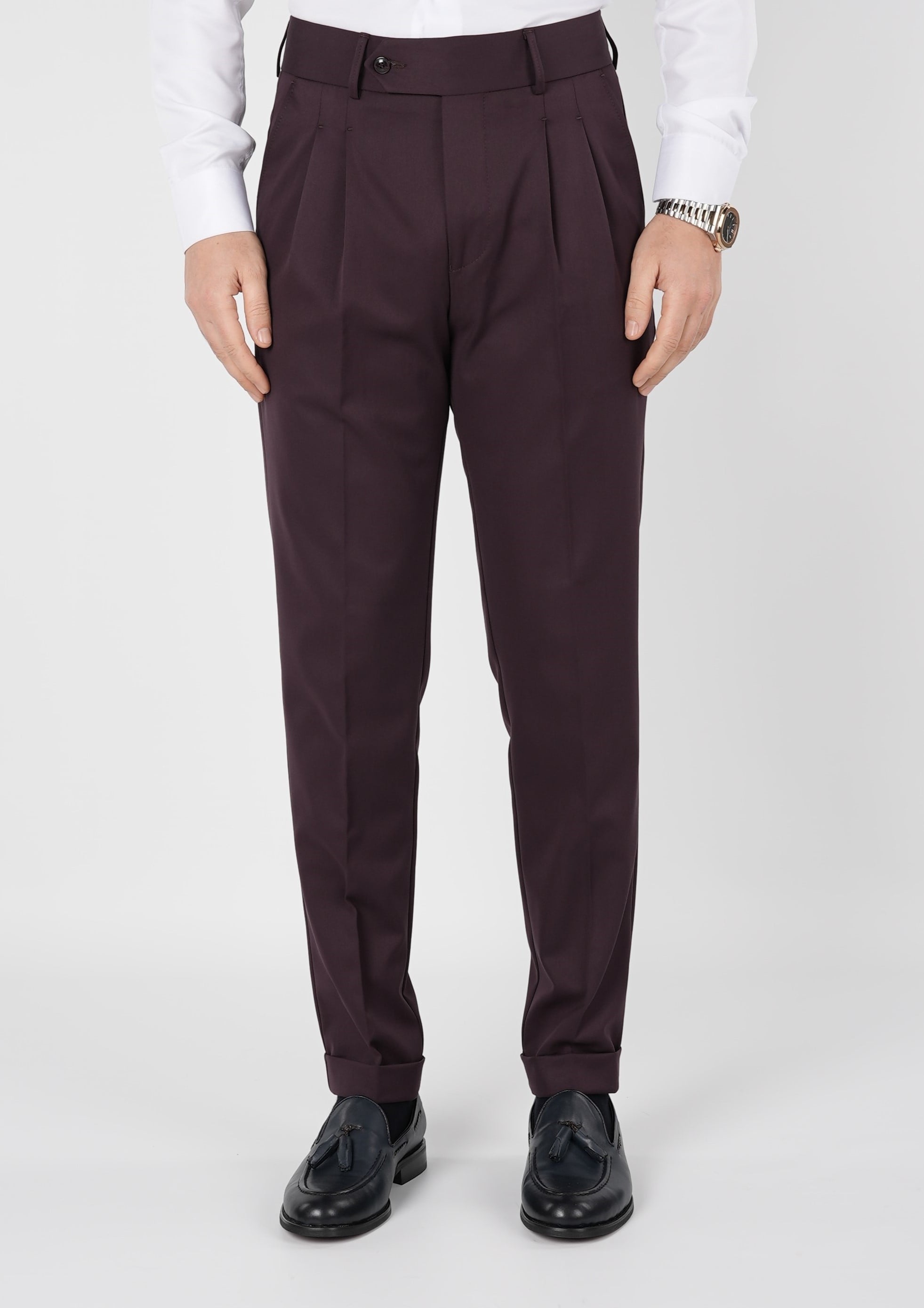 Erkek Regular Fit Yüksek Bel Piliseli Tokalı Kumaş Pantolon - Bordo