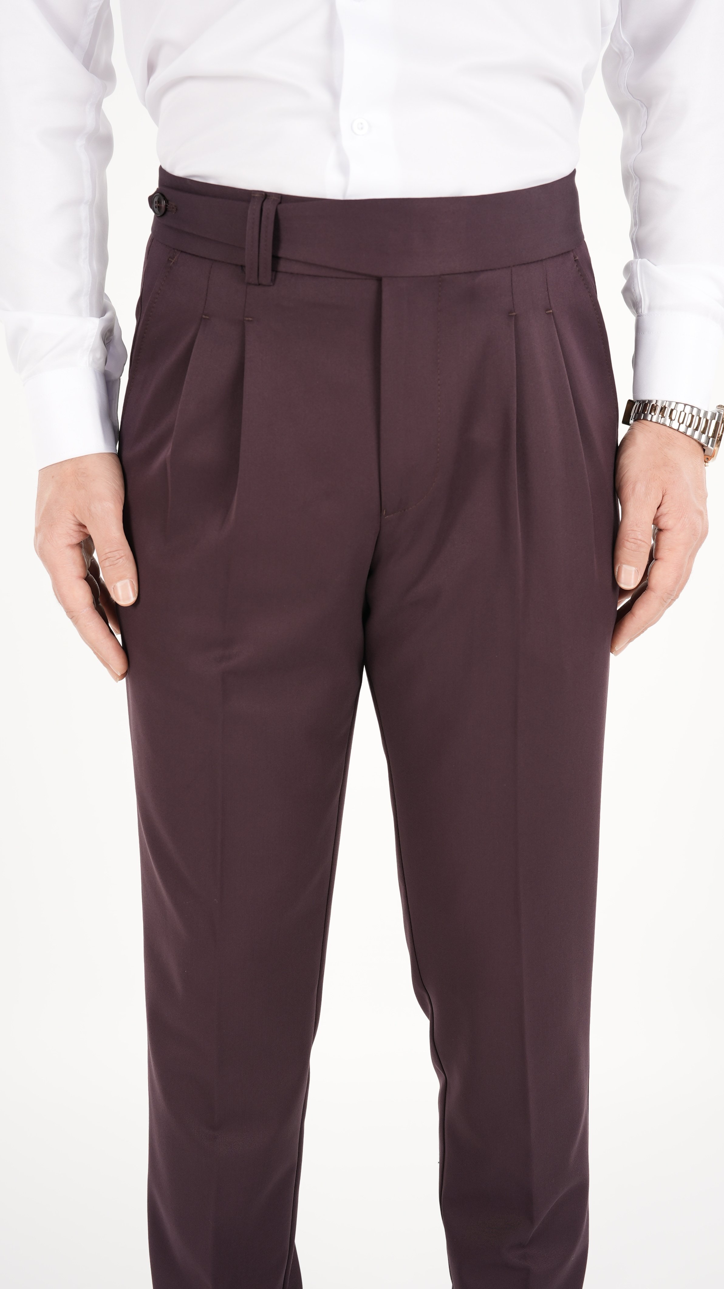 Erkek Regular Fit Yüksek Bel Piliseli Kumaş Pantolon - Bordo