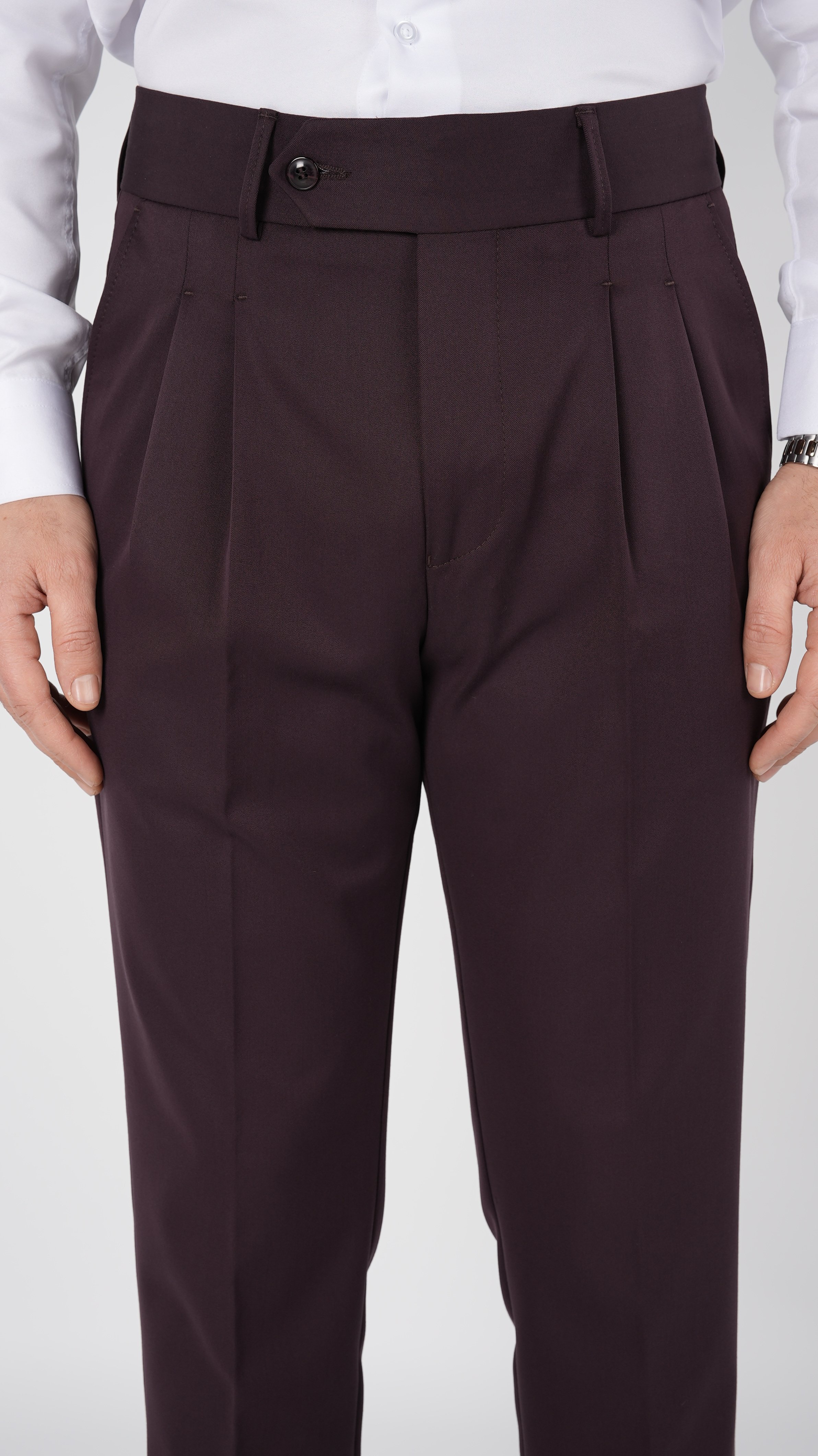 Erkek Regular Fit Yüksek Bel Piliseli Tokalı Kumaş Pantolon - Bordo