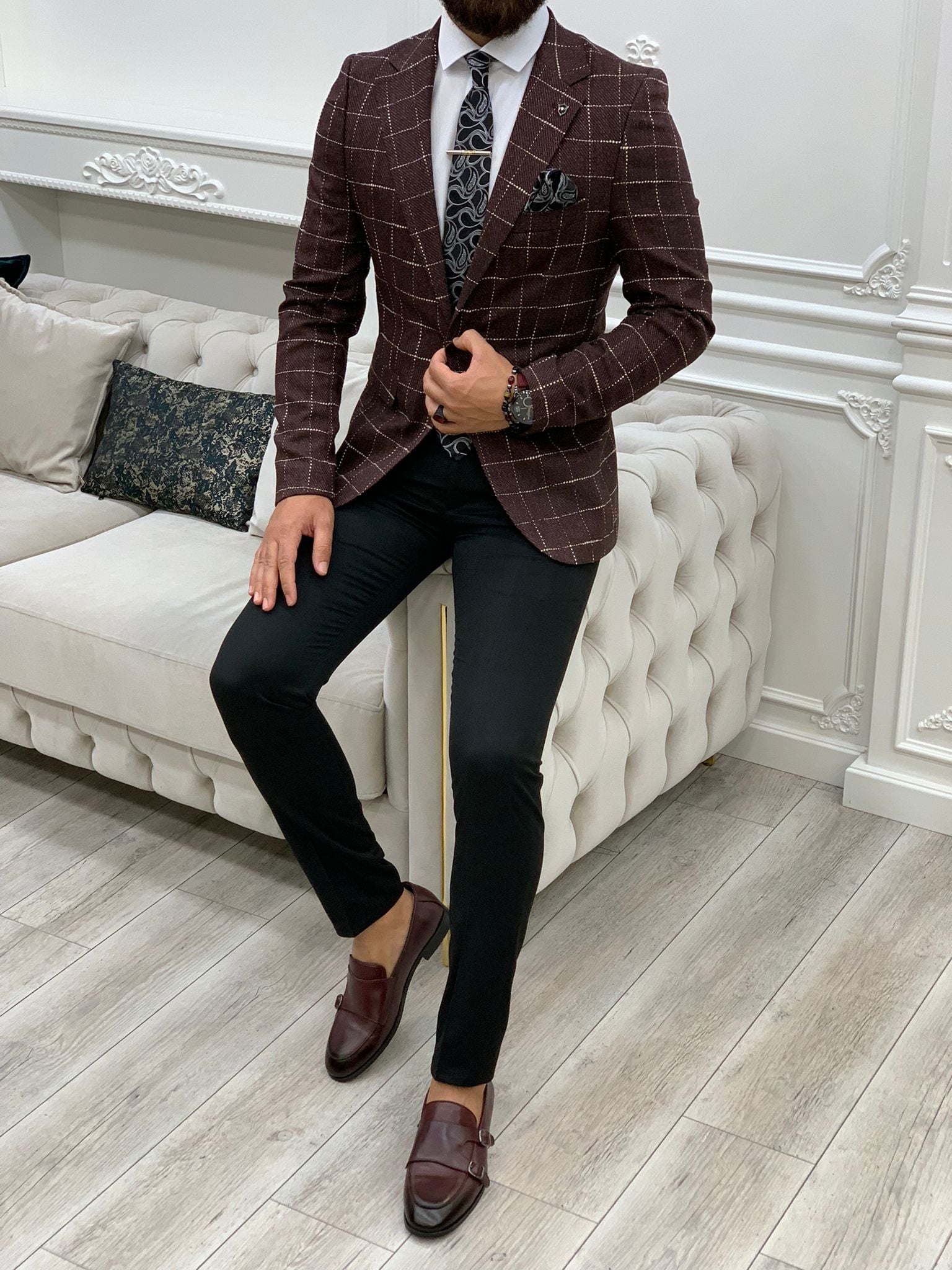 Erkek Slim Fit Ceket-Bordo