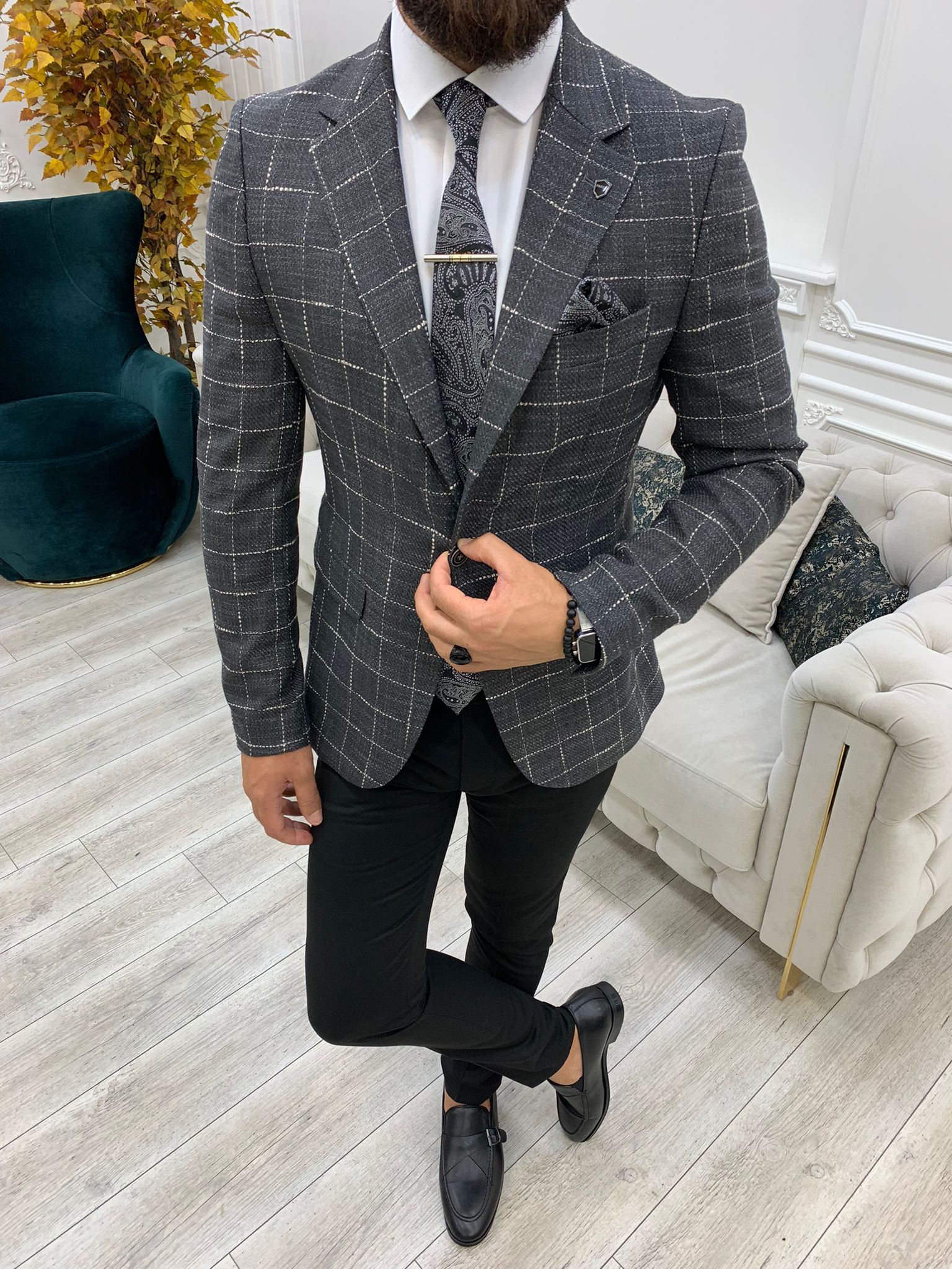 Erkek Slim Fit Ceket-Gri