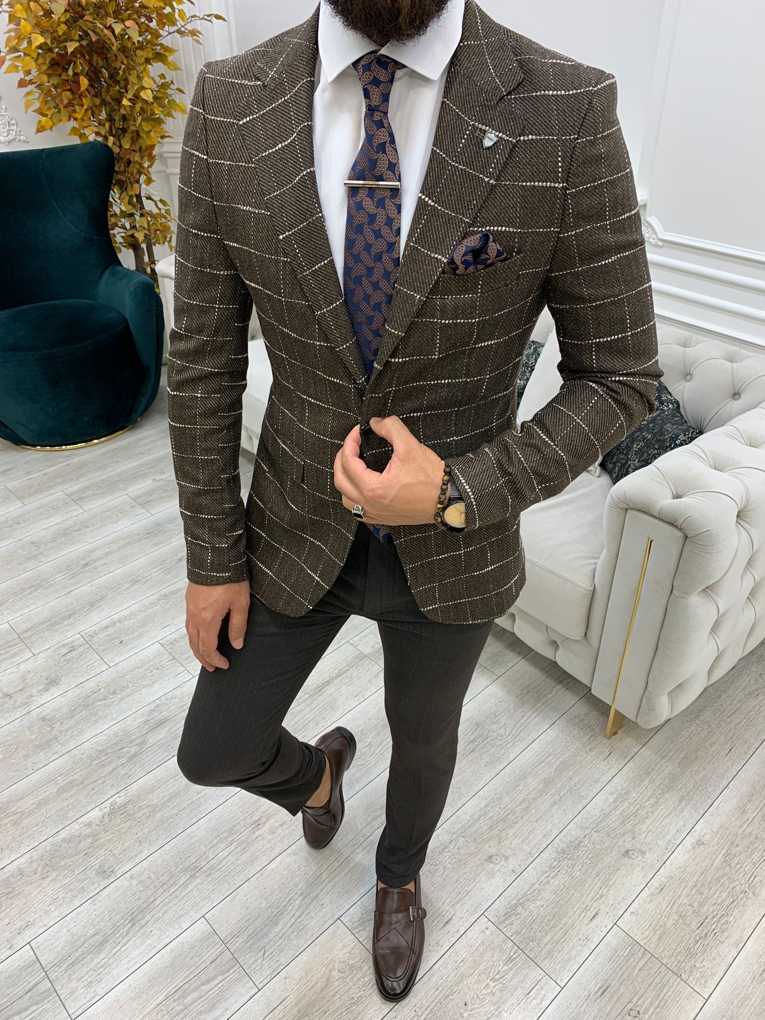Erkek Slim Fit Ceket-Kahve