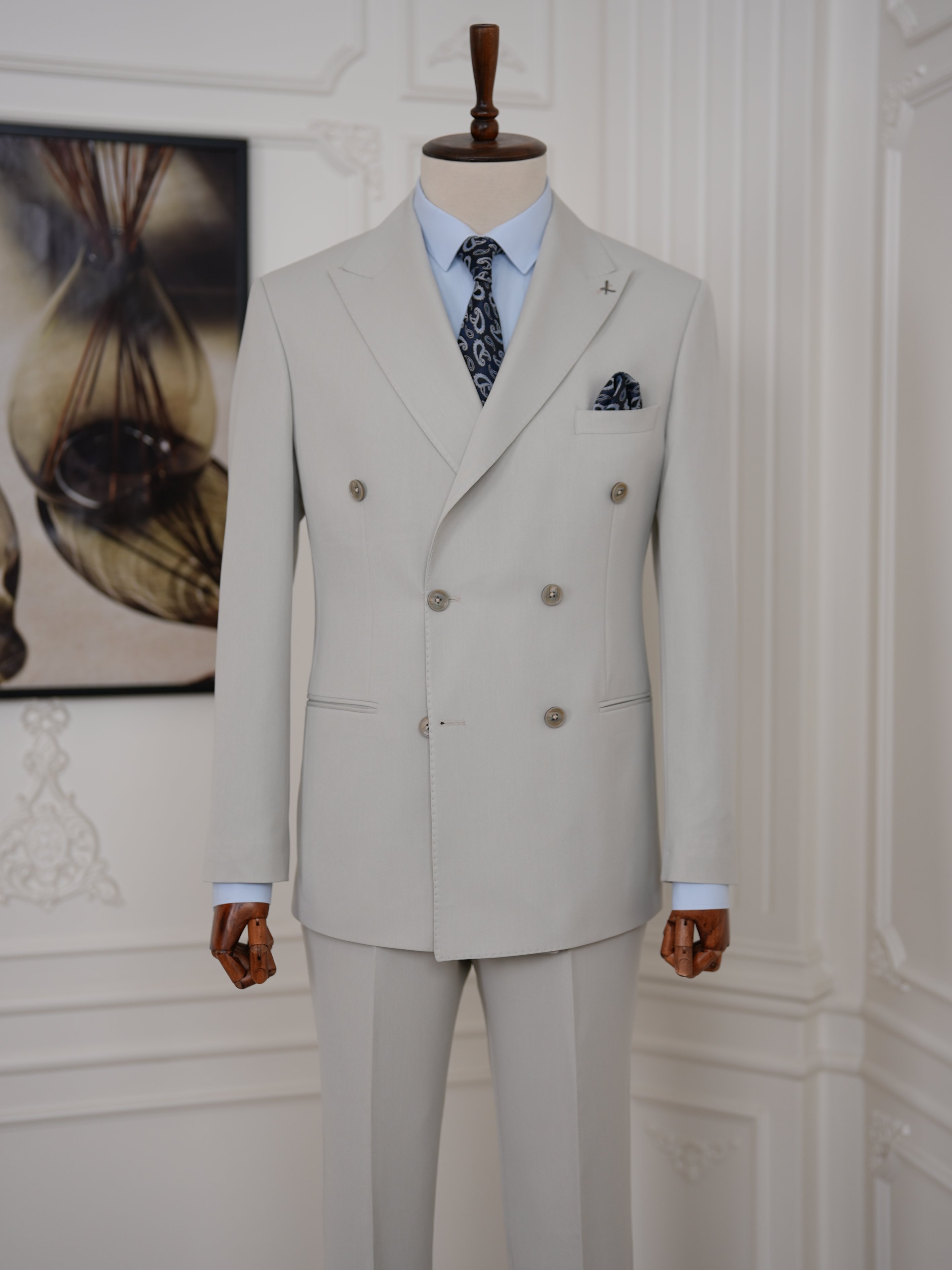 Erkek Slim Fit İtalyan Stil Kruvaze Takım Elbise Ceket Pantolon - Taş