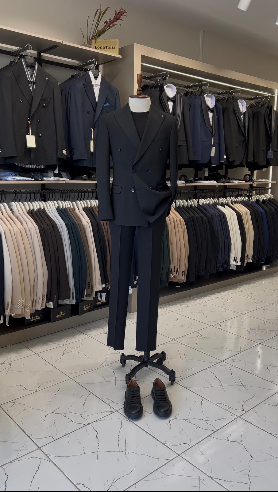 Erkek Slim Fit İtalyan Stil Kruvaze Takım Elbise - Ceket Pantolon - Siyah