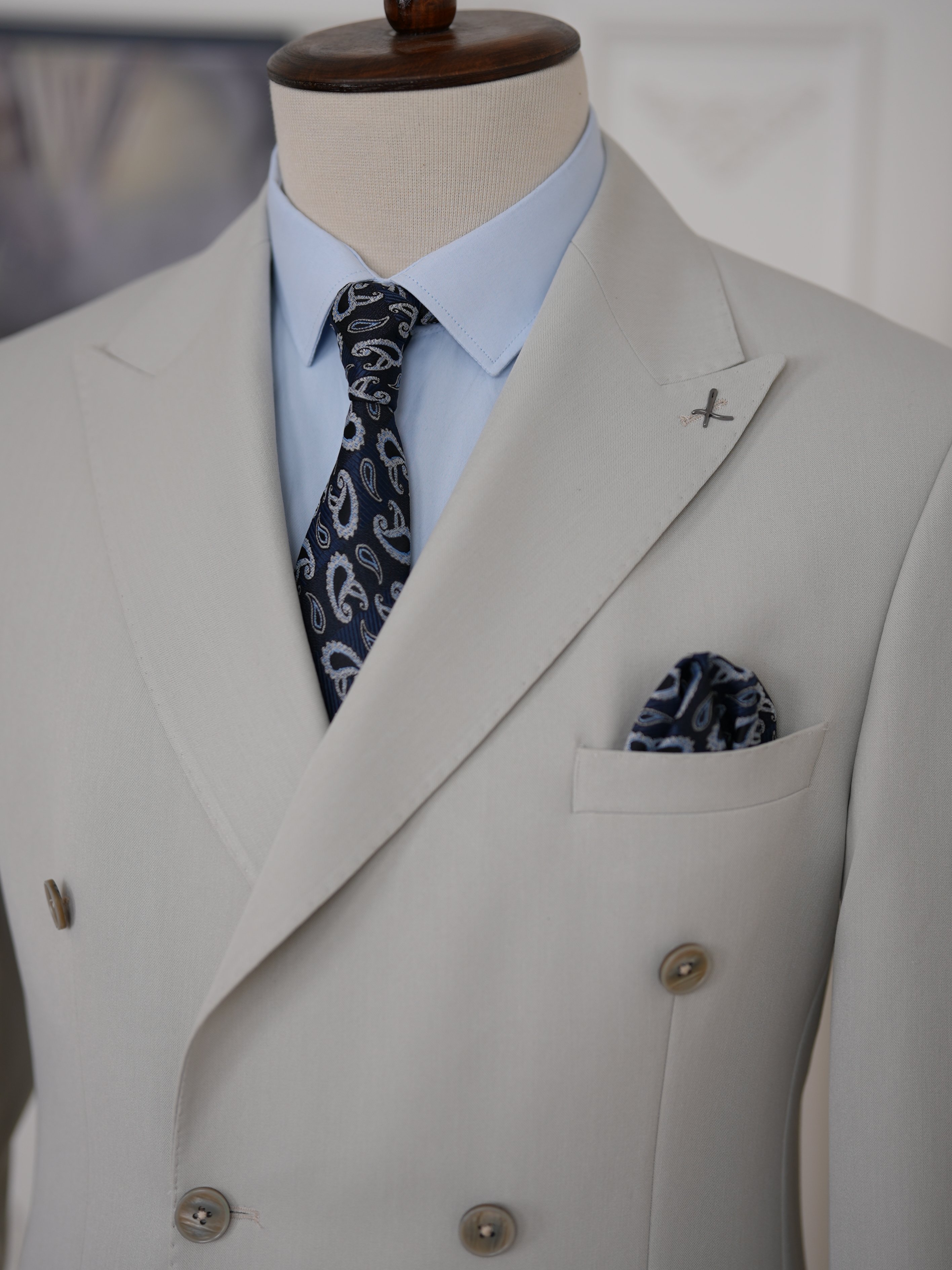 Erkek Slim Fit İtalyan Stil Kruvaze Takım Elbise Ceket Pantolon - Taş