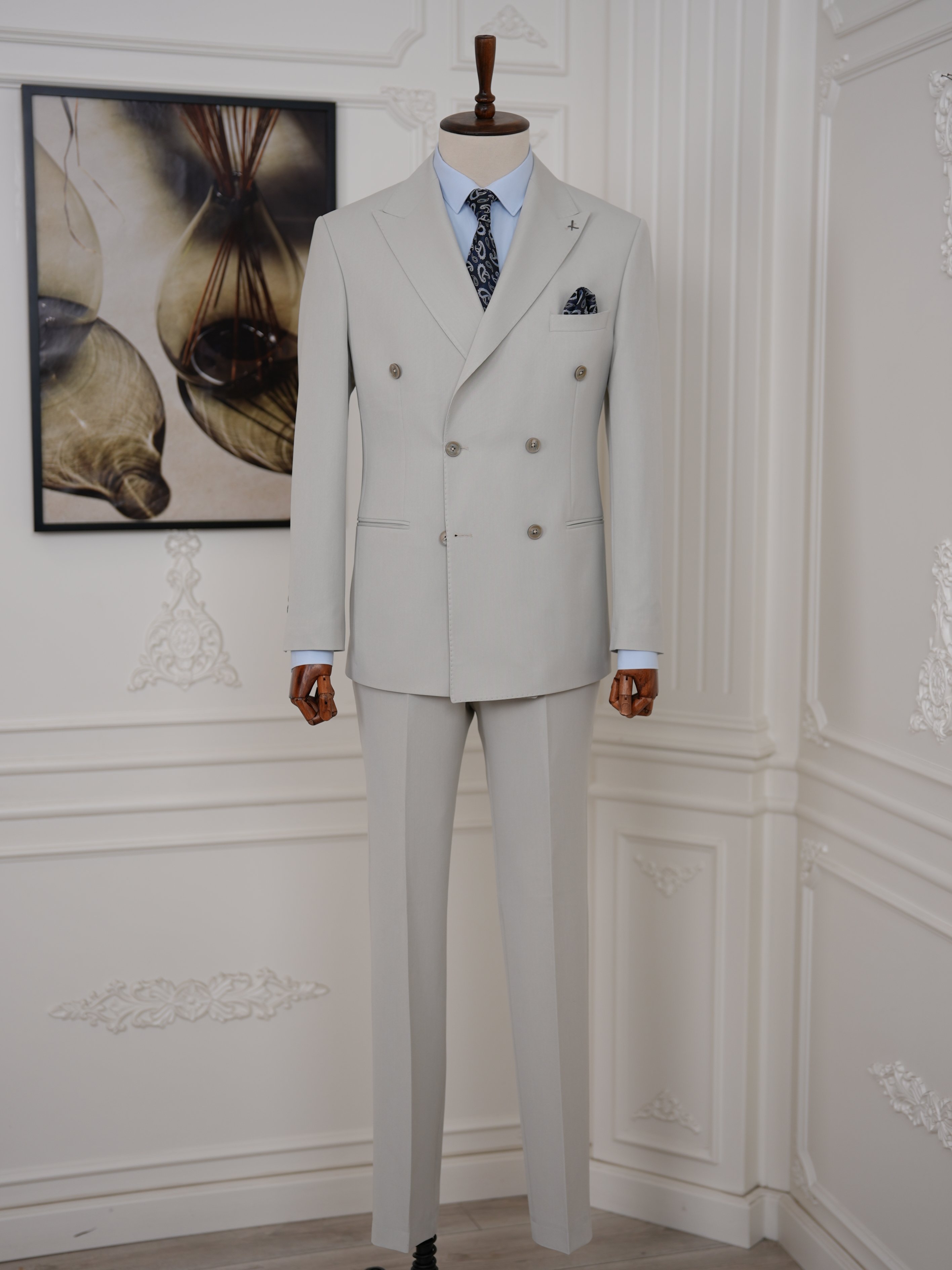 Erkek Slim Fit İtalyan Stil Kruvaze Takım Elbise Ceket Pantolon - Taş