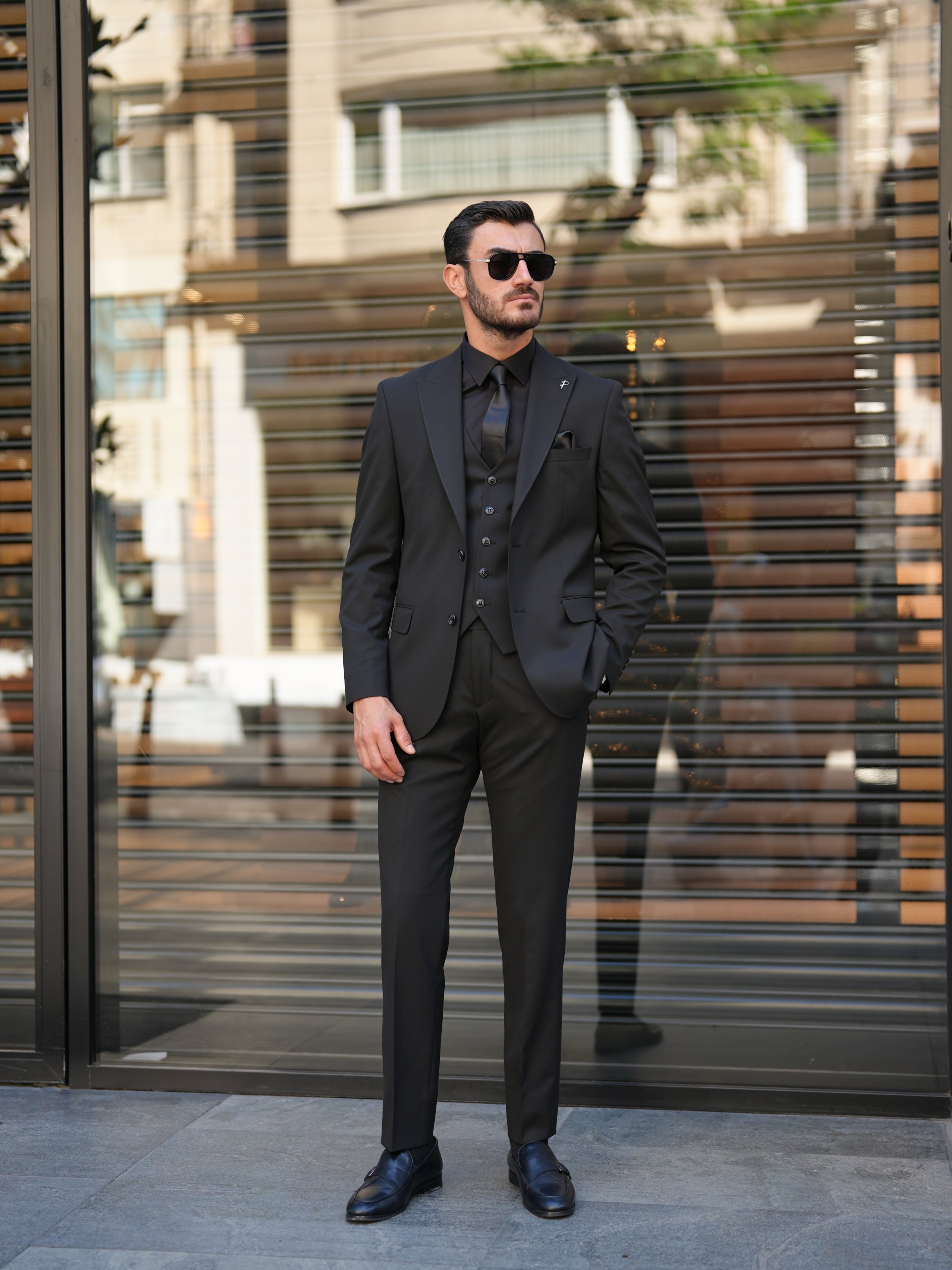 Erkek Slim Fit İtalyan Stil Takım Elbise - Siyah