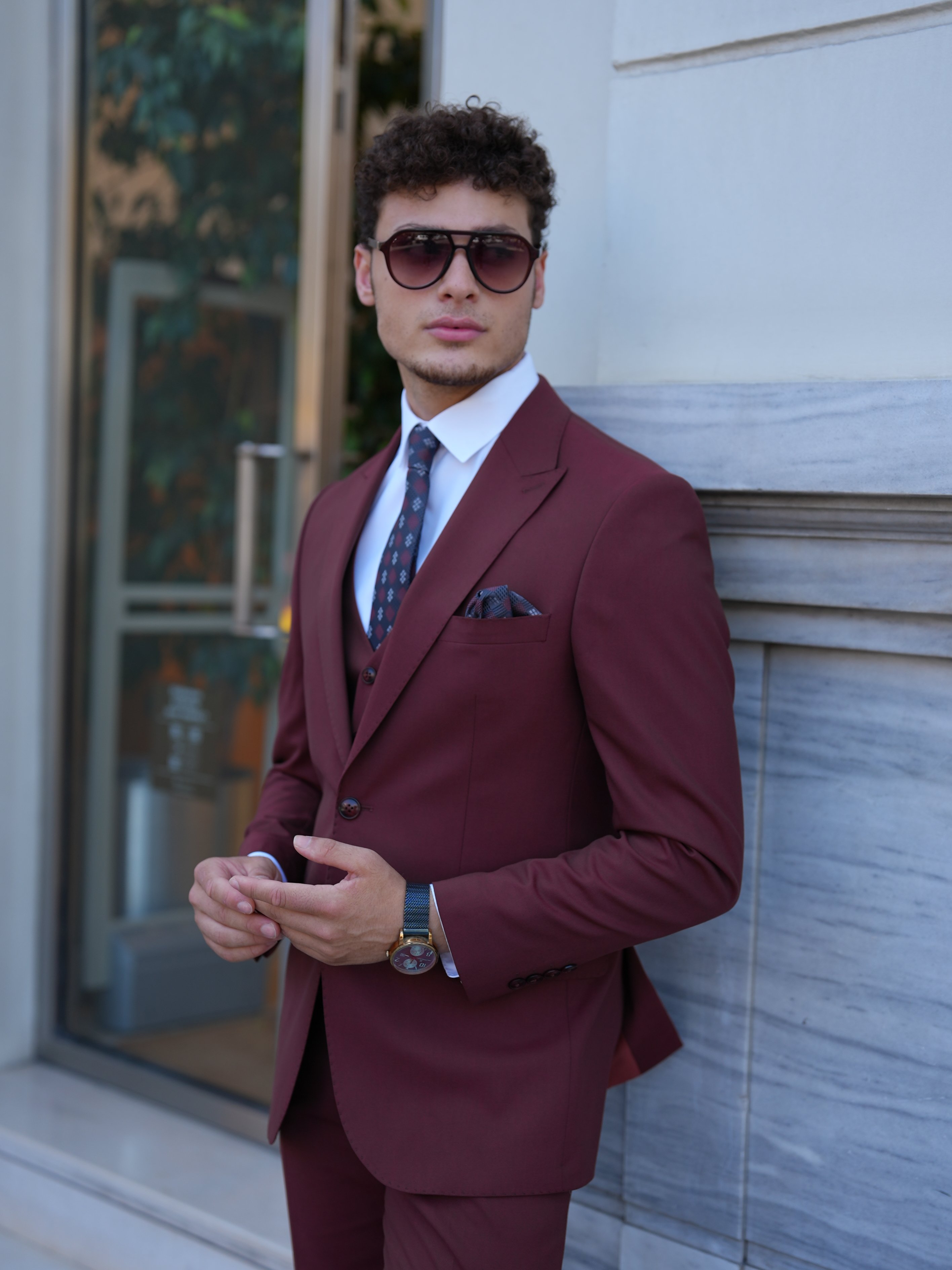 Erkek Slim Fit İtalyan Stil Takım Elbise-Kiremit