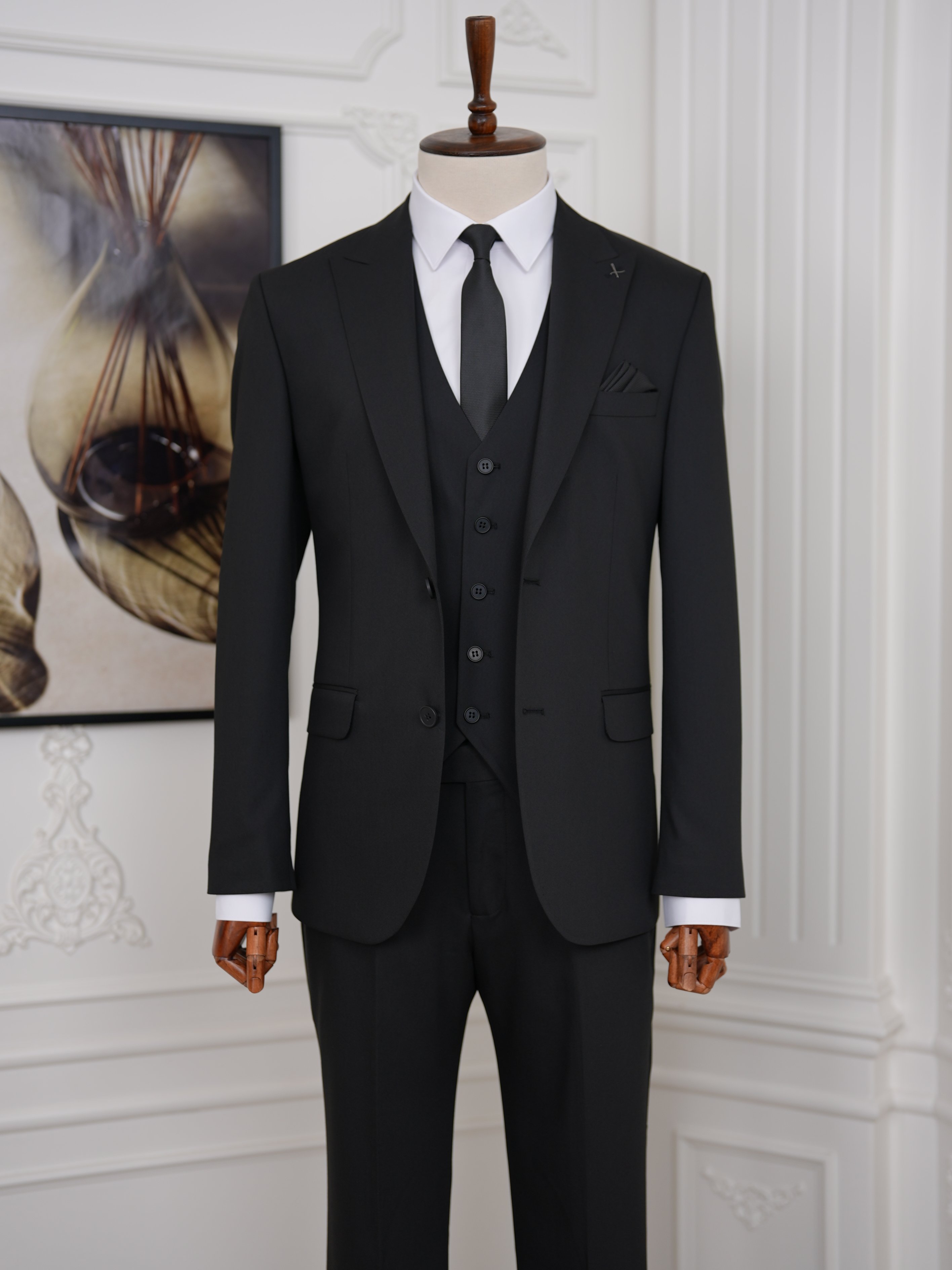 Erkek Slim Fit İtalyan Stil Yelekli Takım Elbise - Siyah
